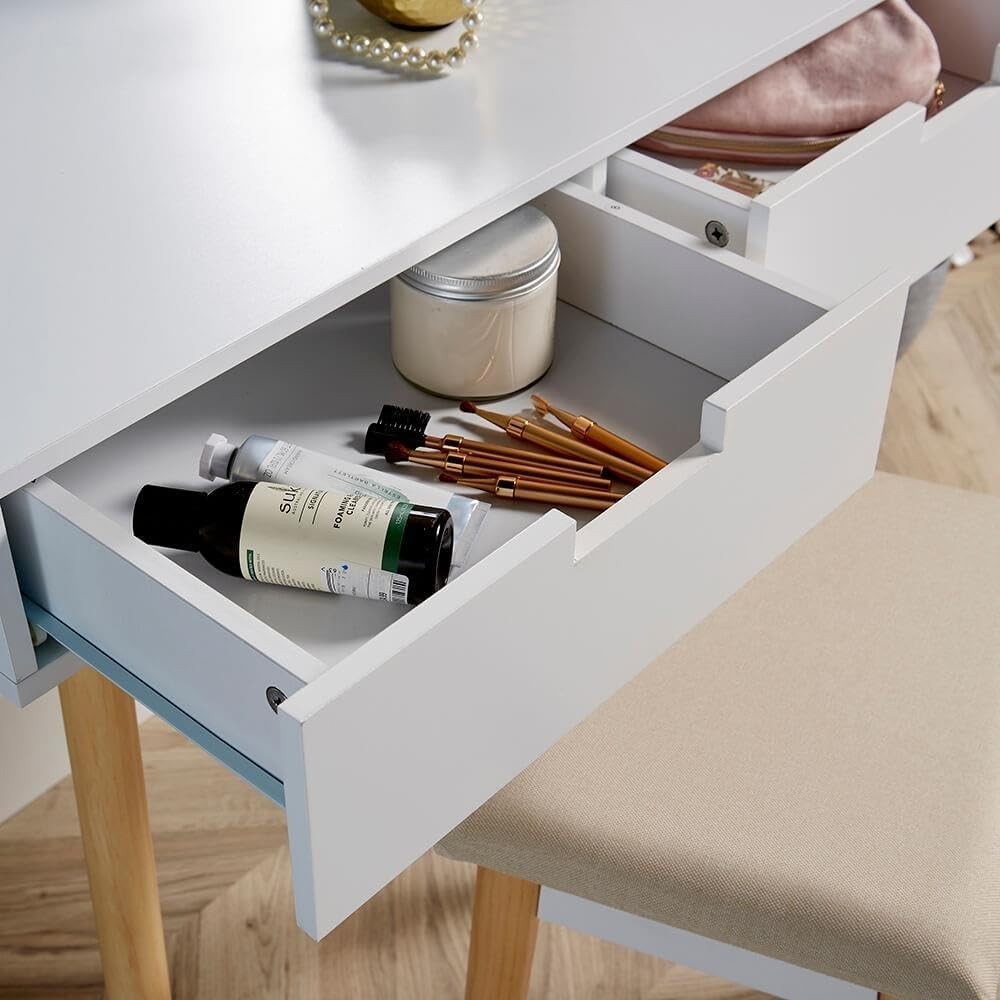 White Dressing Table Vanity Set with Stool & Mirror, Storage Drawers, Makeup Des