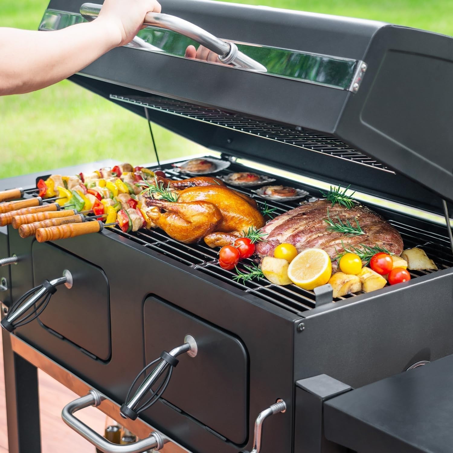 Large Charcoal BBQ Grill with Dual Adjustable Trays & Temperature Gauge