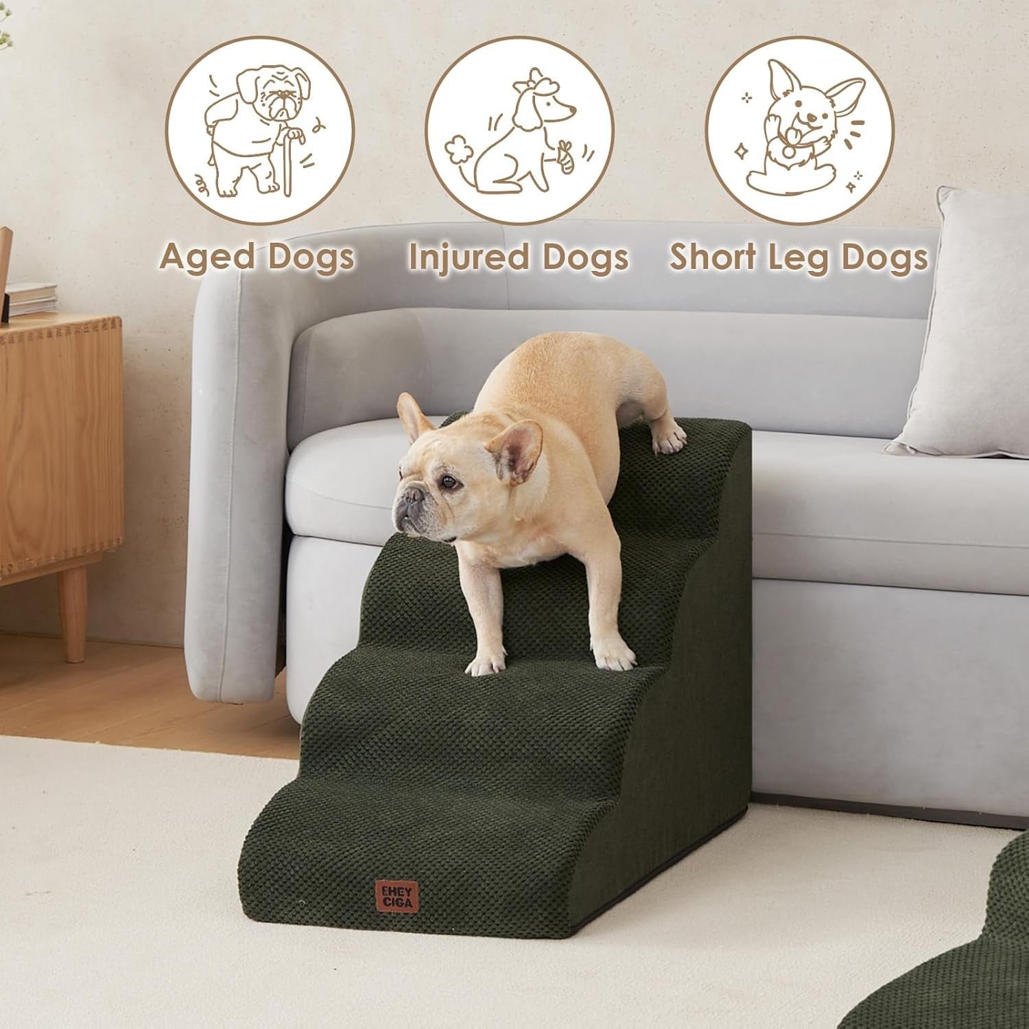 4 Step Dog Stairs for High Bed Non Slip Foam Pet Steps Olive