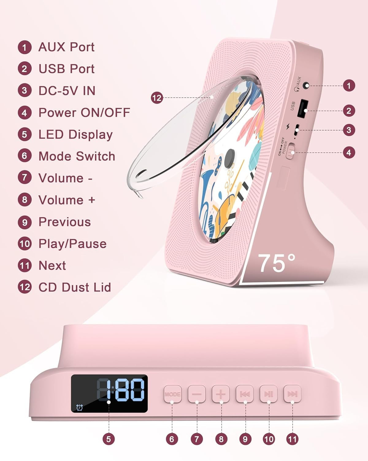 Bluetooth CD Player w Speakers FM Radio LCD Remote USB AUX Pink