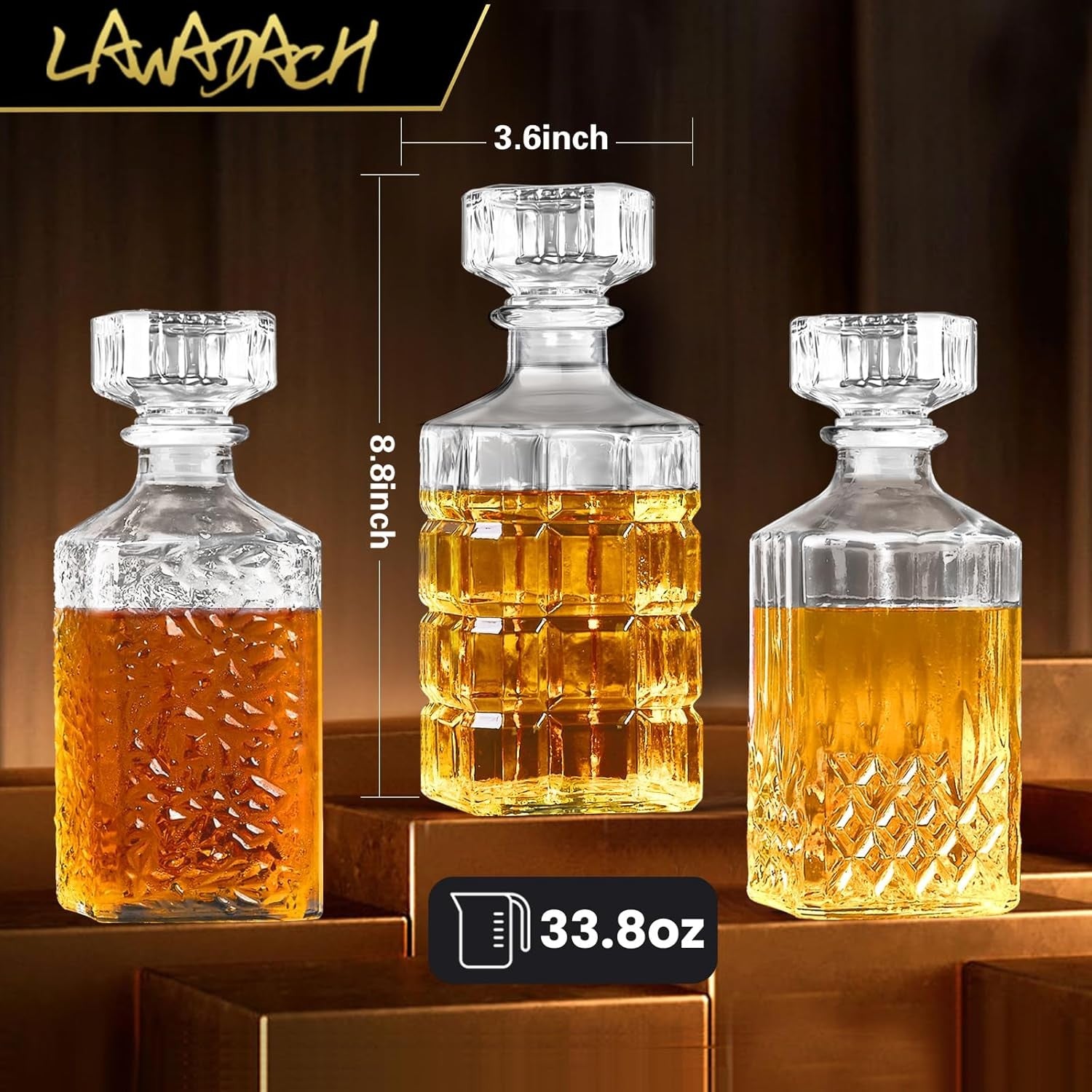 3 Piece Glass Whiskey Decanter Set 33.8oz Vintage Cut Bar Bottles