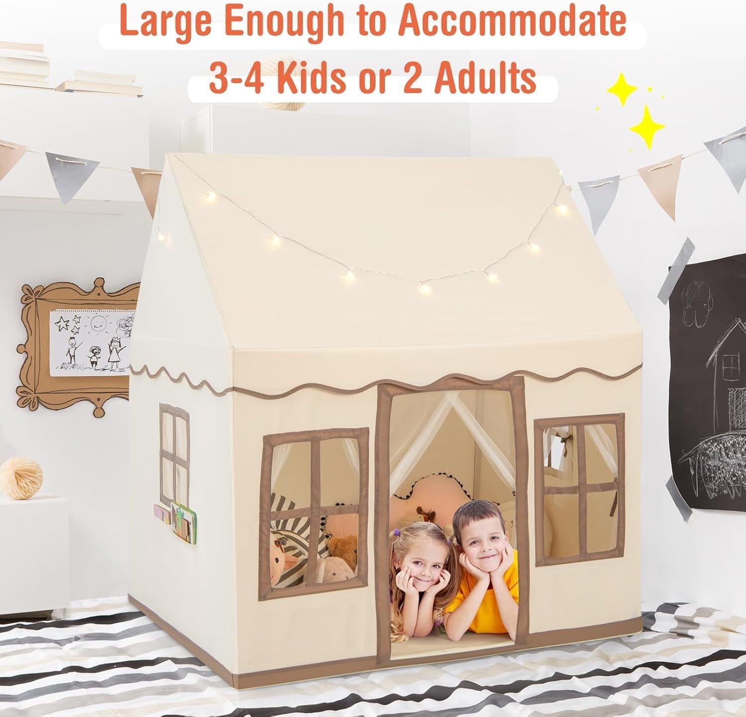 Large Kids Princess Play Tent Indoor Outdoor w Star Lights Mat Playhouse