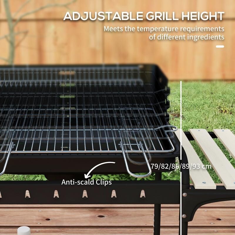 Charcoal BBQ Grill Trolley with 5-Height Levels, Shelves, Wheels & Warmer