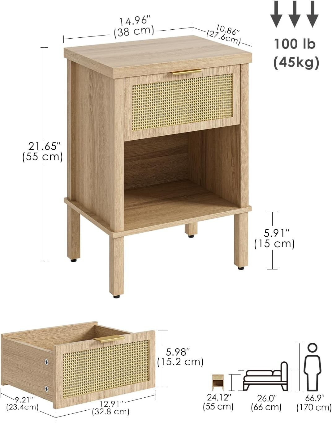 Rattan Wood Bedside Table with Drawer & Shelf – Boho Oak Nightstand