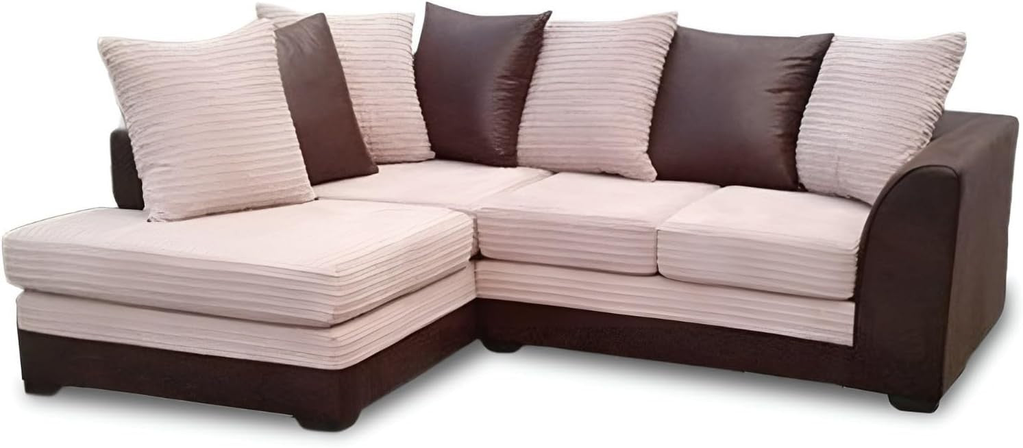 5-Seater L-Shape Corner Sofa Brown & Beige Faux Leather Jumbo Cord Fabric