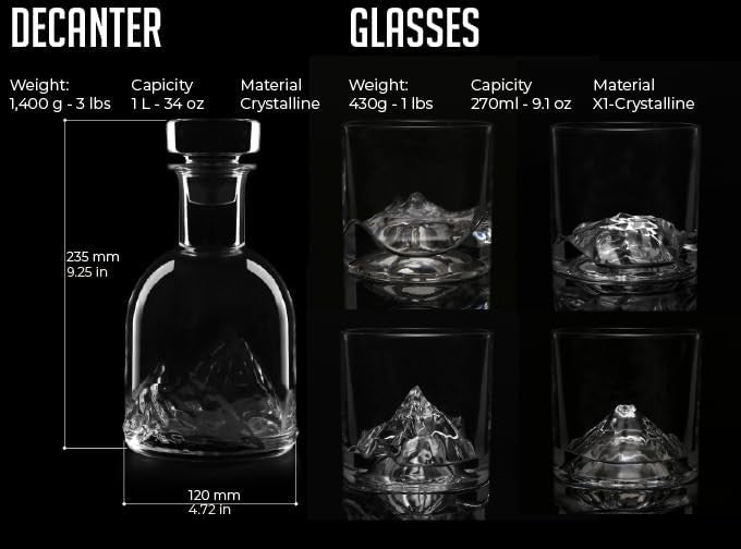 Premium Mountain Peaks Whiskey Decanter Set 1000ml + 4 Freeze-Chill Glasses