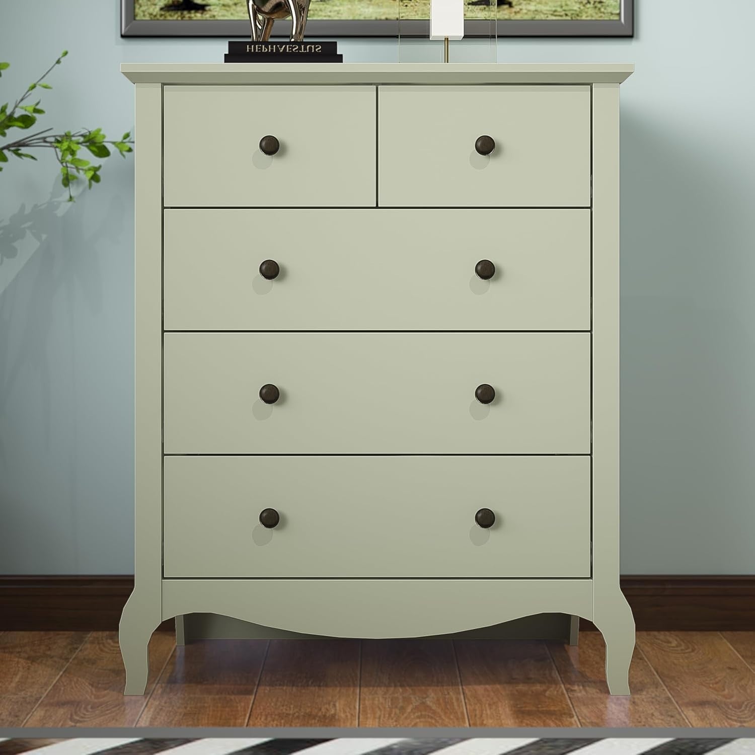 Sage Green 5 Drawer Chest Storage Cabinet Hallway Bedroom Modern Slimline