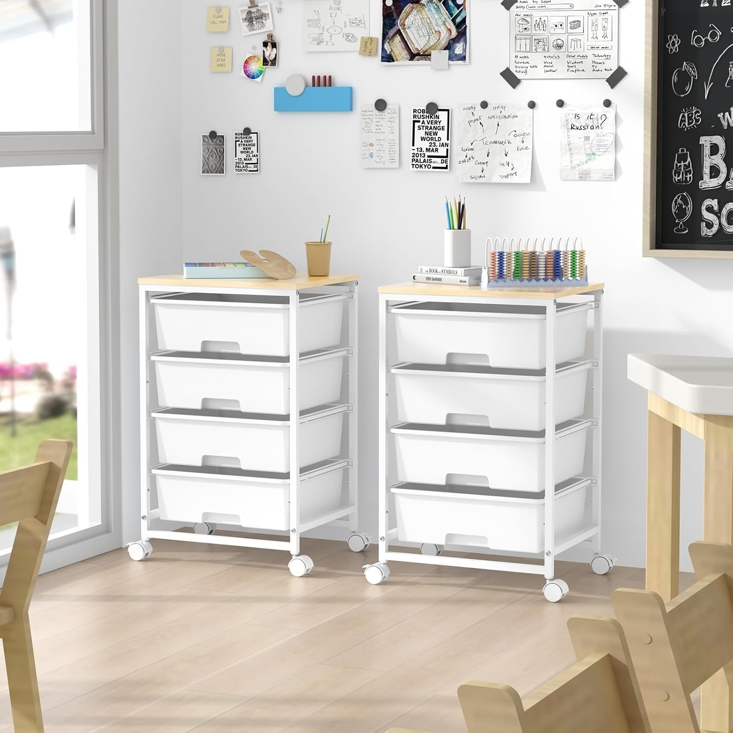 4 Drawer Rolling Storage Cart Utility Trolley Organiser Wooden Top