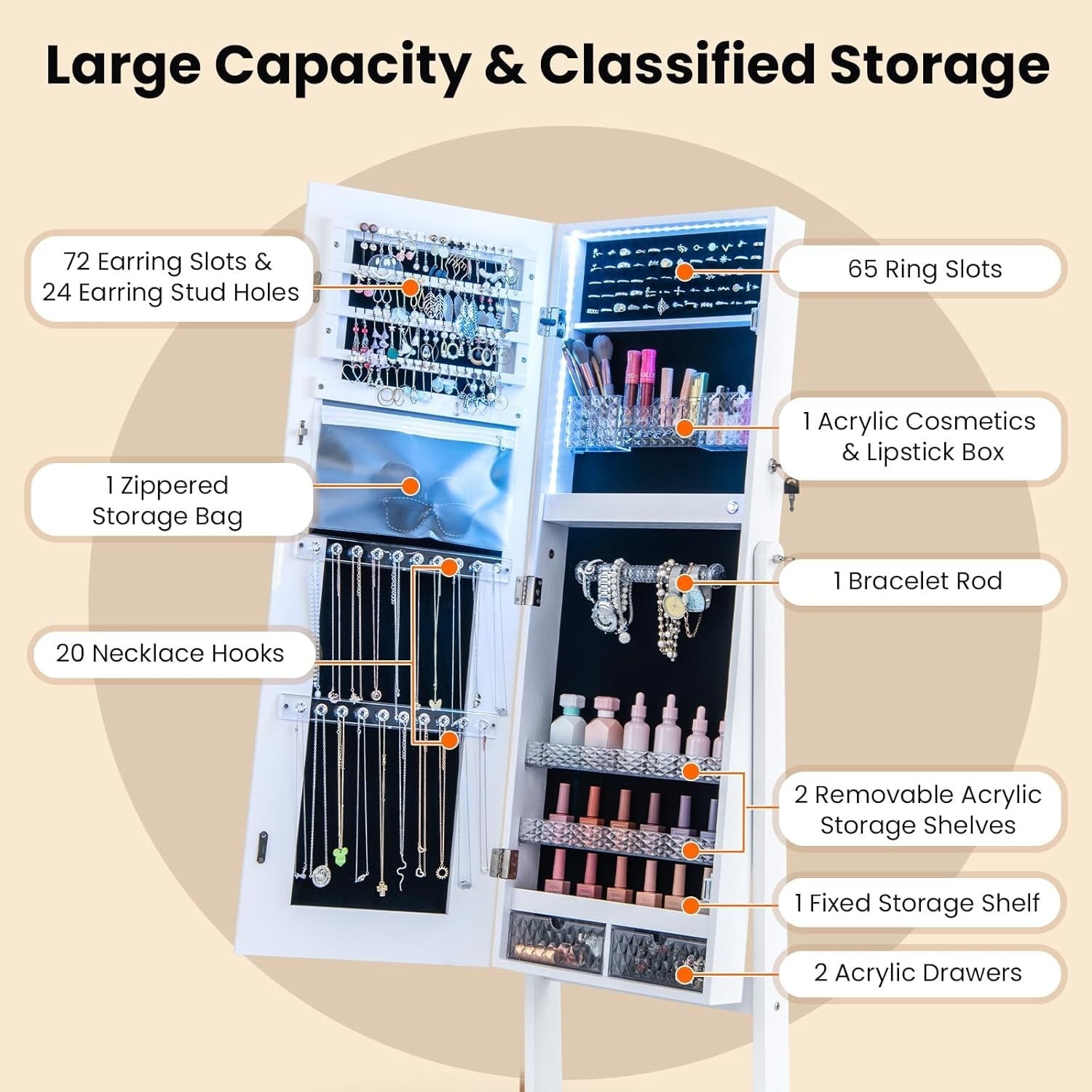 White LED Jewellery Cabinet Full Length Mirror Adjustable Lockable Storage