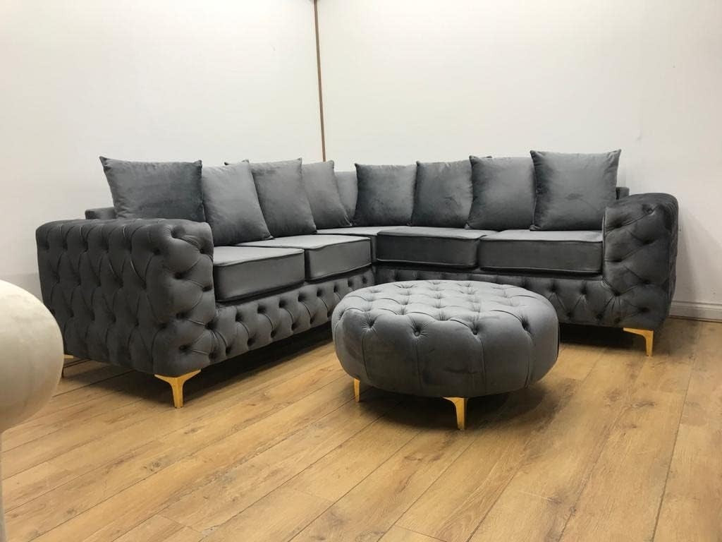 Luxury Velvet 5 Seater Corner Sofa Bed – Plush Grey Chesterfield Style