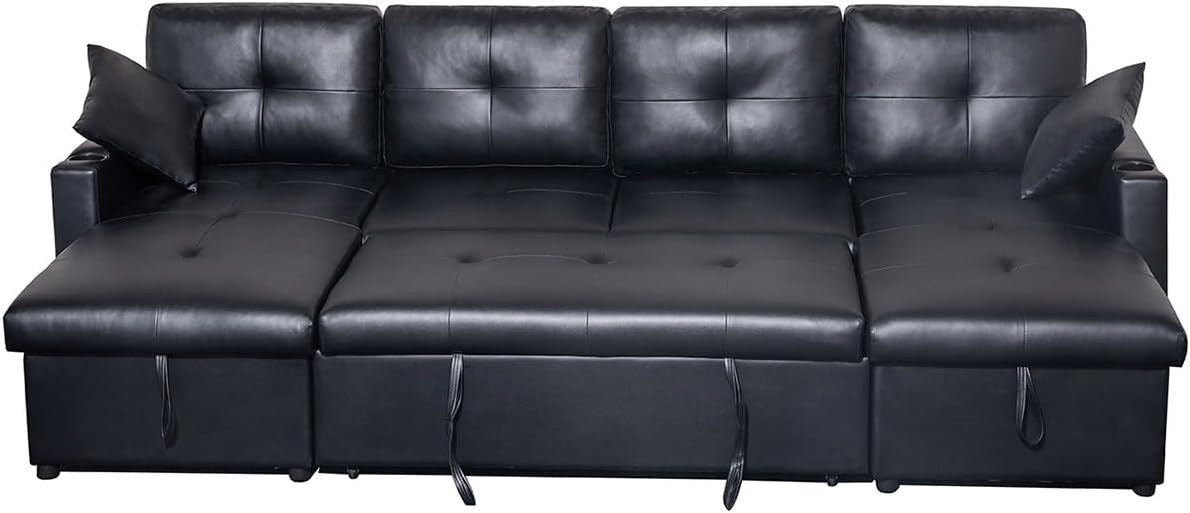 Black Bonded Leather U-Shaped 4 Seater Sofa Bed with Storage Ottoman