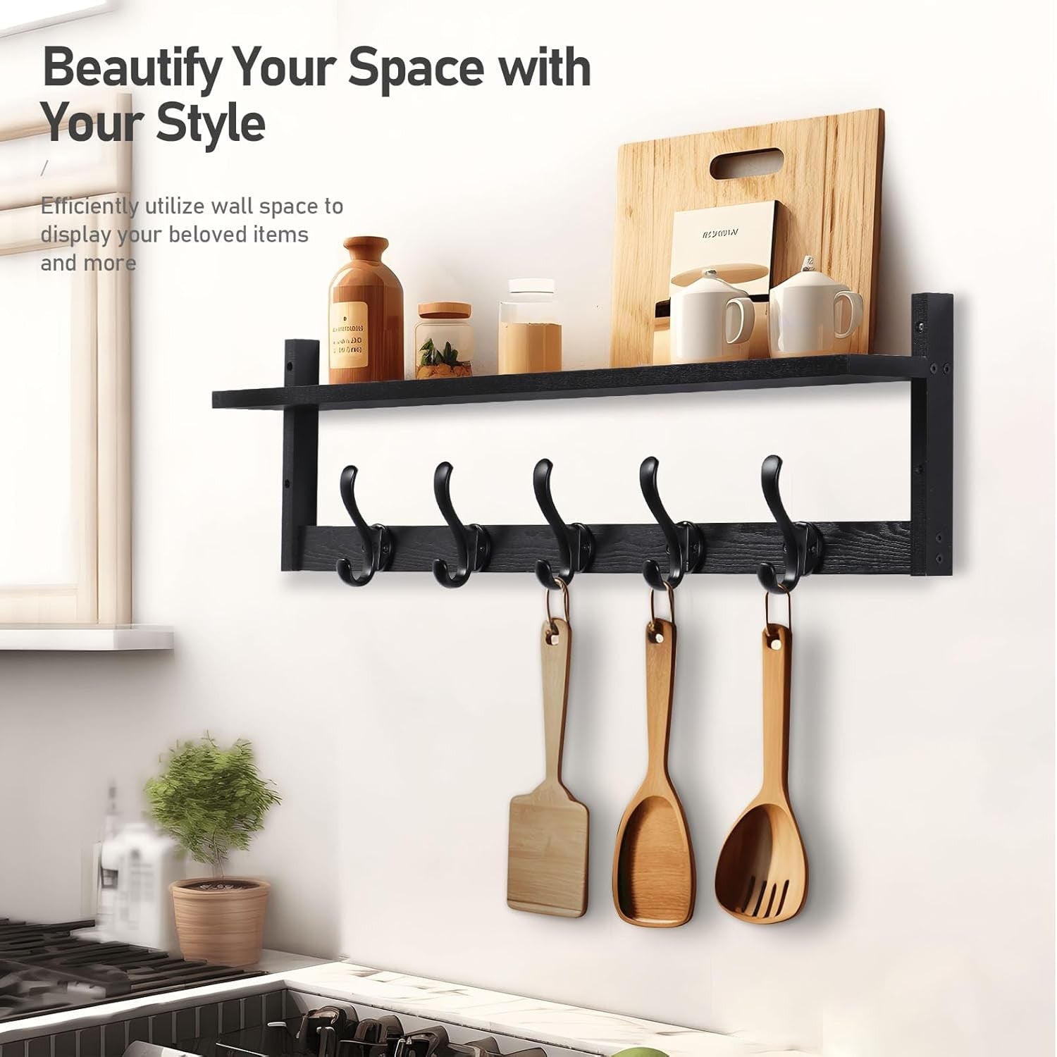 29” Black Wall Mounted Coat Rack with Shelf | 5 Hooks Rustic Entryway