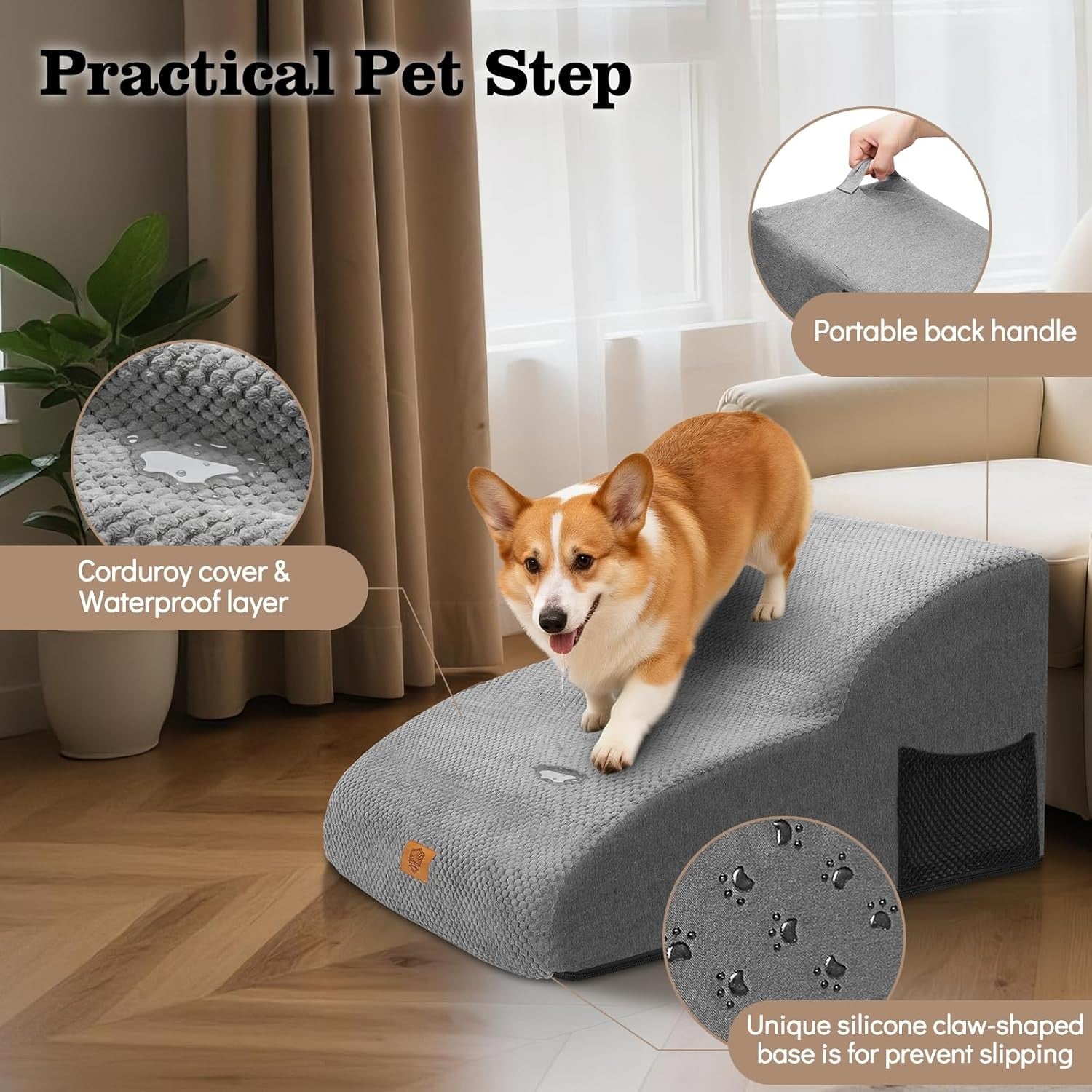 Dog Ramp 2 Step Waterproof Non Slip Pet Stairs 55x40x30cm Grey