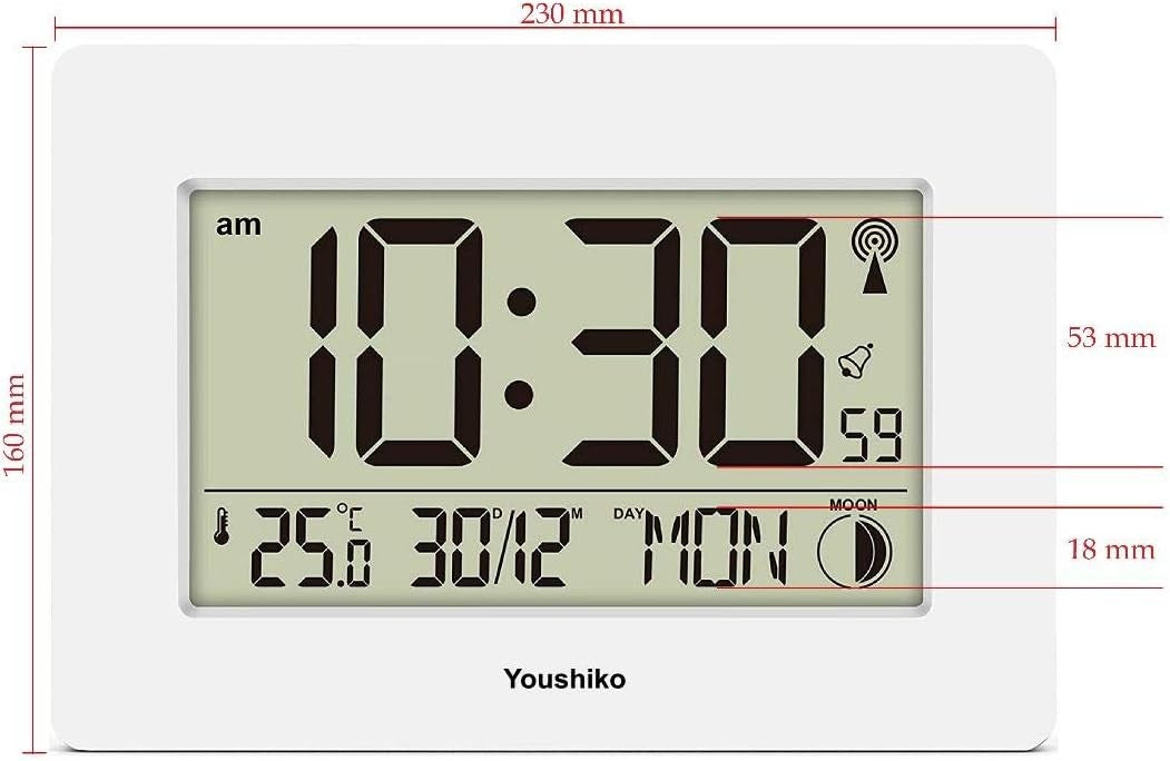 Large LCD Radio-Controlled Wall Clock White Silent Auto-Set Temp Day Date