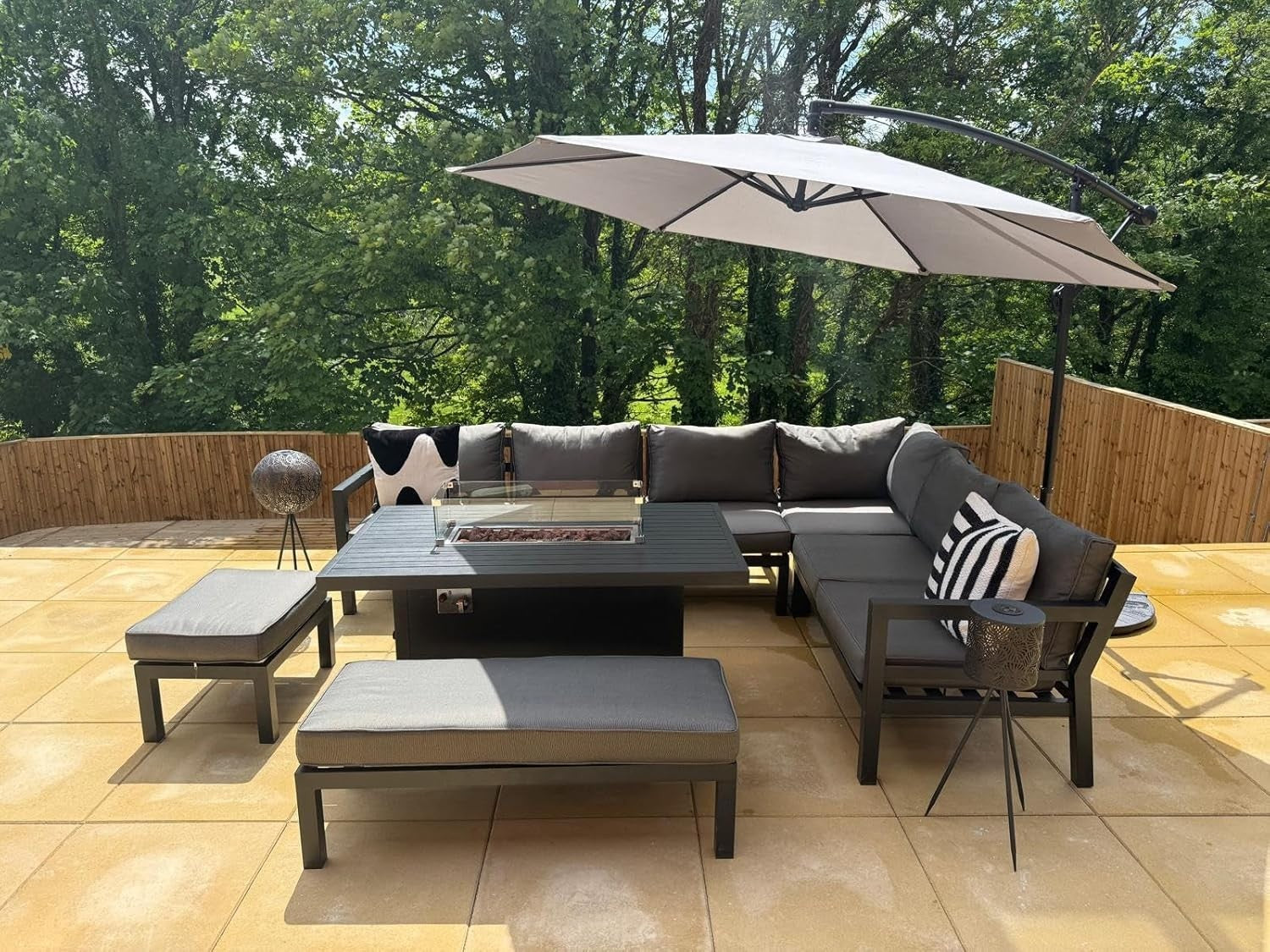 Corner Garden Sofa Set with Fire Pit Table Outdoor Aluminium Lounge Set