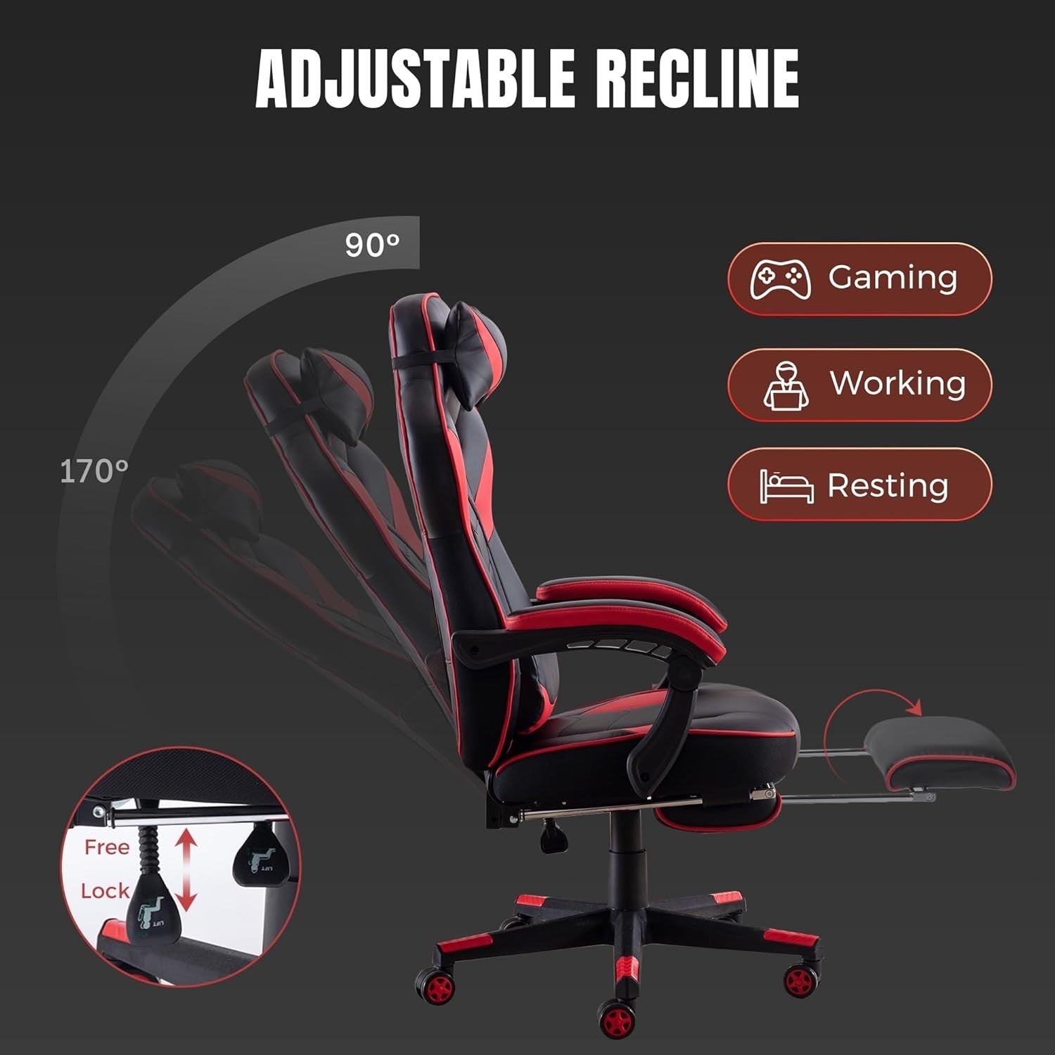 Red Faux Leather Gaming Chair w/ Recline, Footrest, Massage, Swivel, Ergonomic