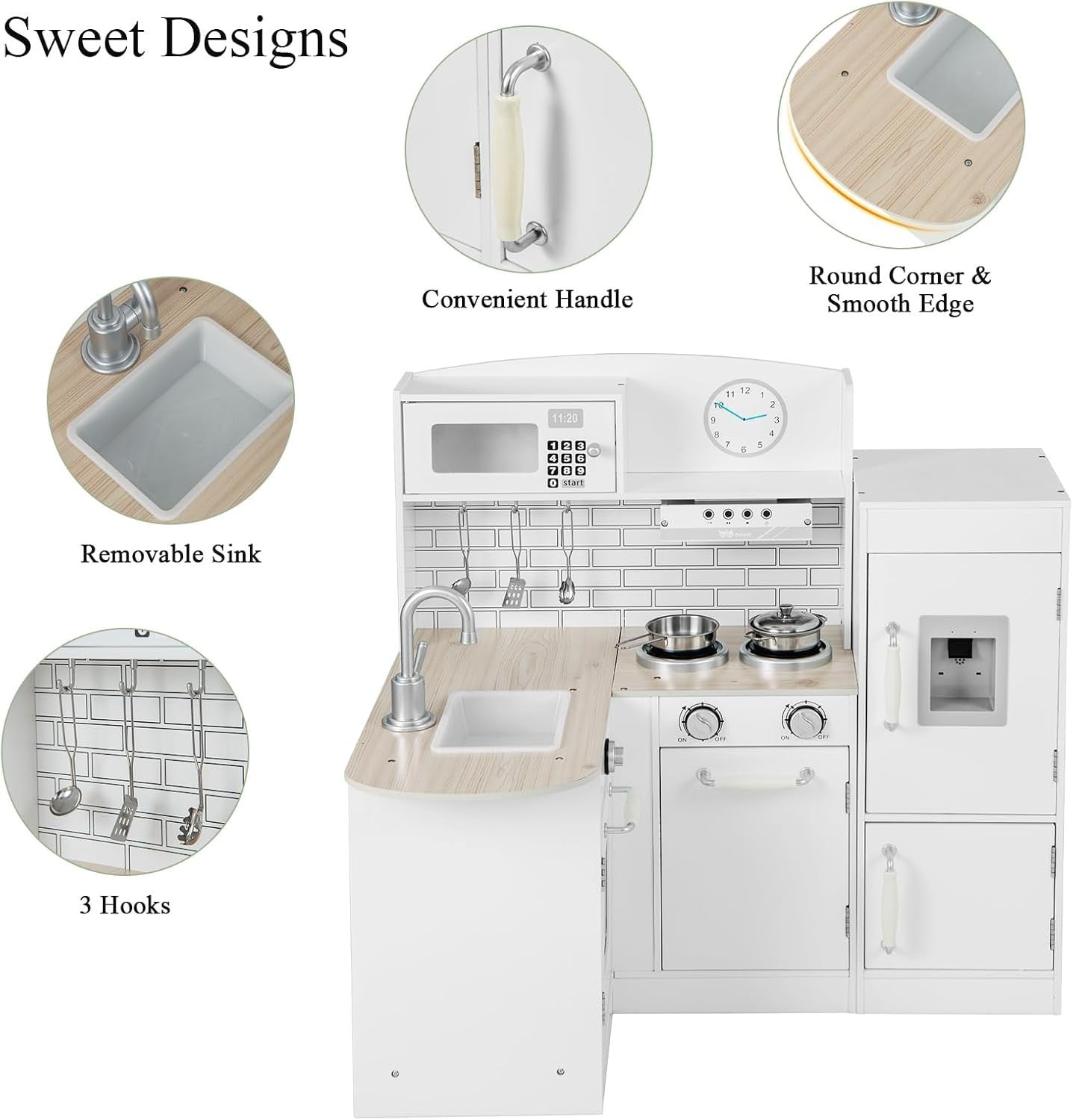 Kids Corner Wooden Play Kitchen White Toy Set Fridge Microwave Sink