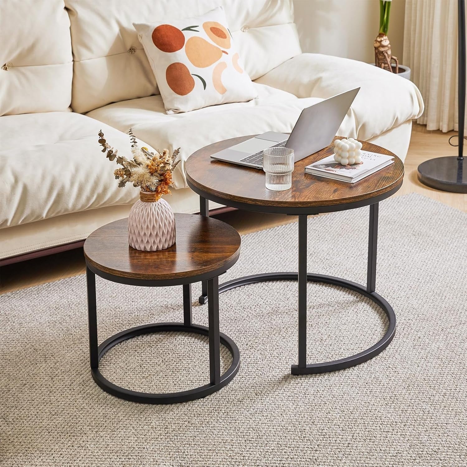 Round Nesting Coffee Tables Set of 2 | Rustic Wood & Metal Side Table for Living