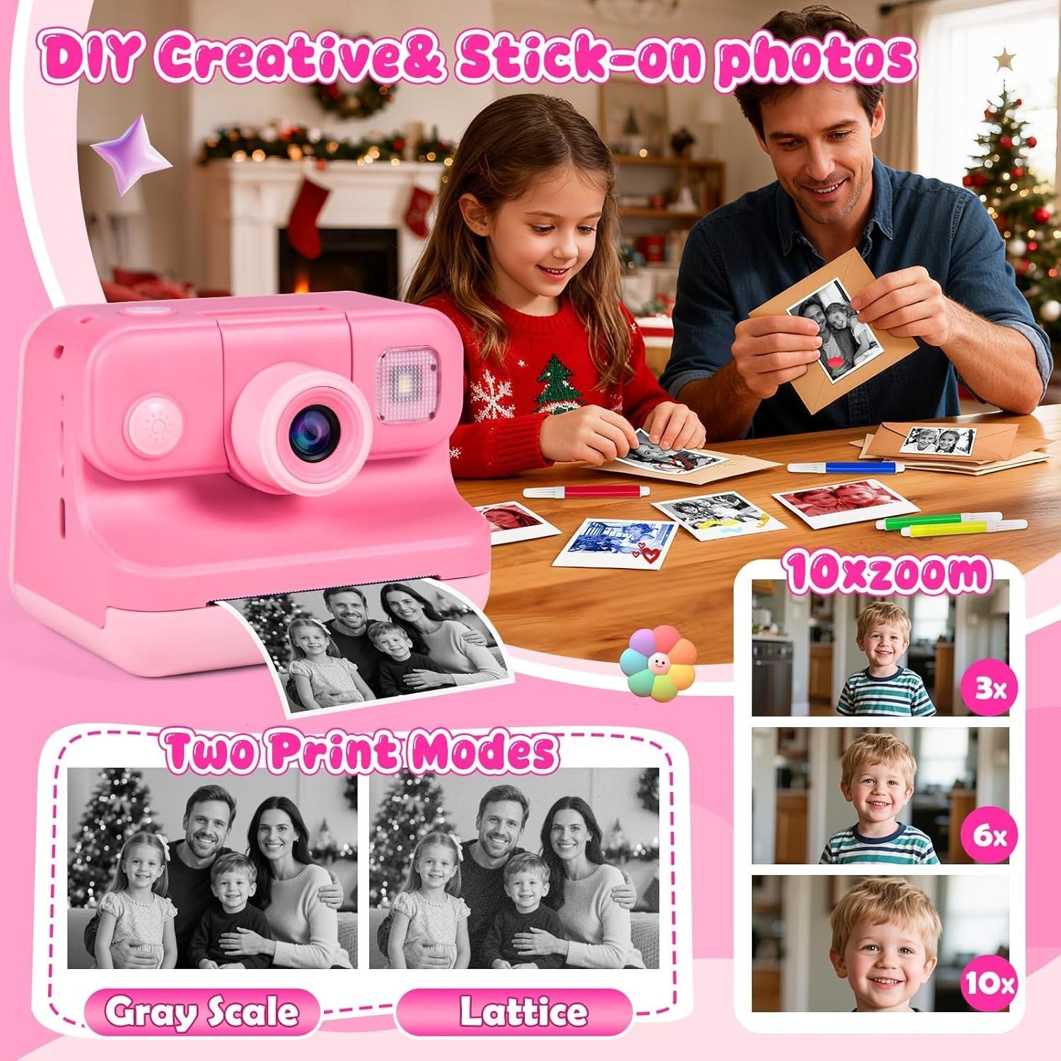 Kids Instant Print Camera 30MP 32GB Card 4 Paper Rolls Pink Bag
