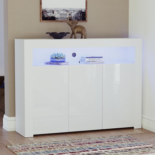 Modern White LED Sideboard 3 Doors 3 Drawers RGB Lighting Storage Cabinet