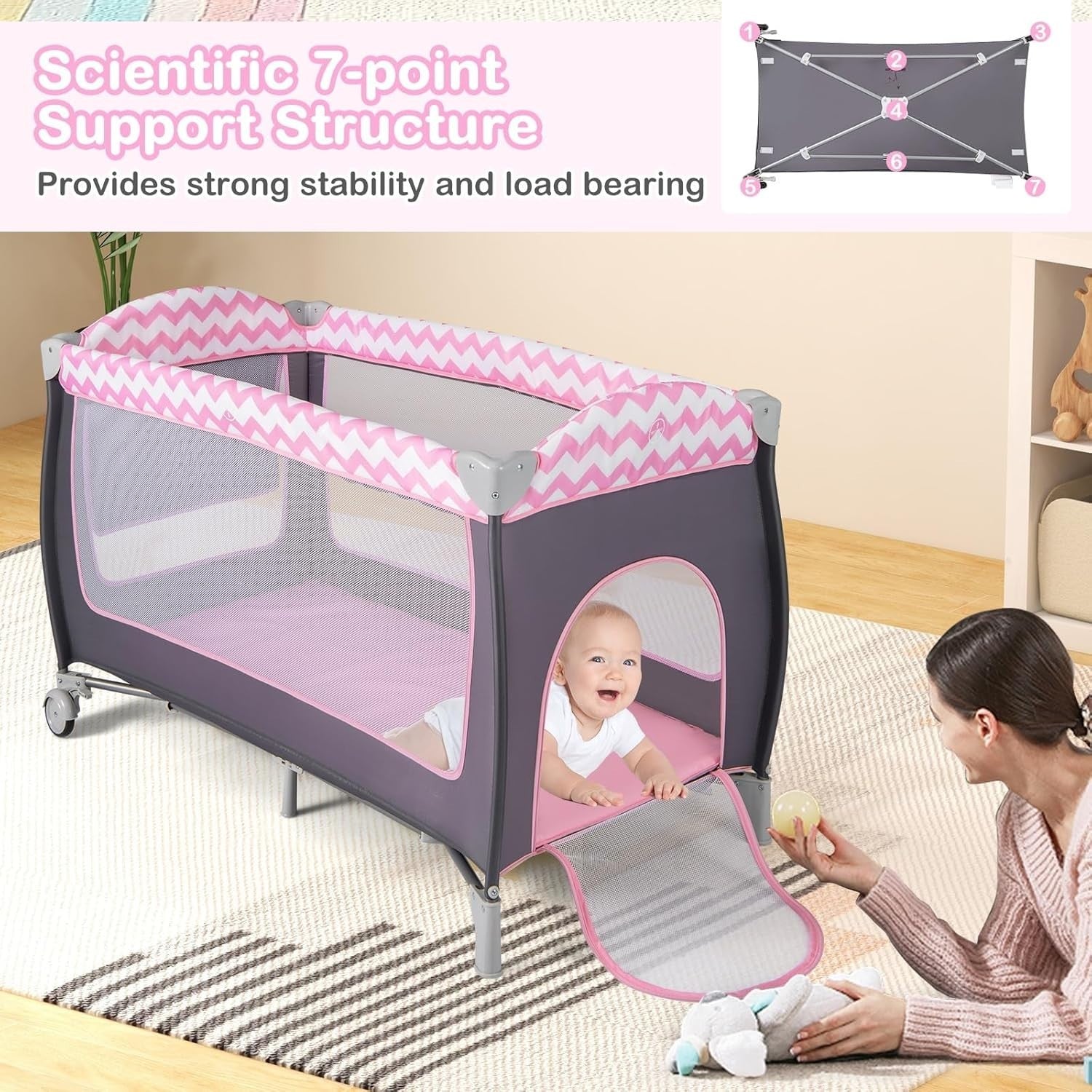 4in1 Baby Travel Cot Foldable Crib with Mattress, Changer & Storage Grey Pink