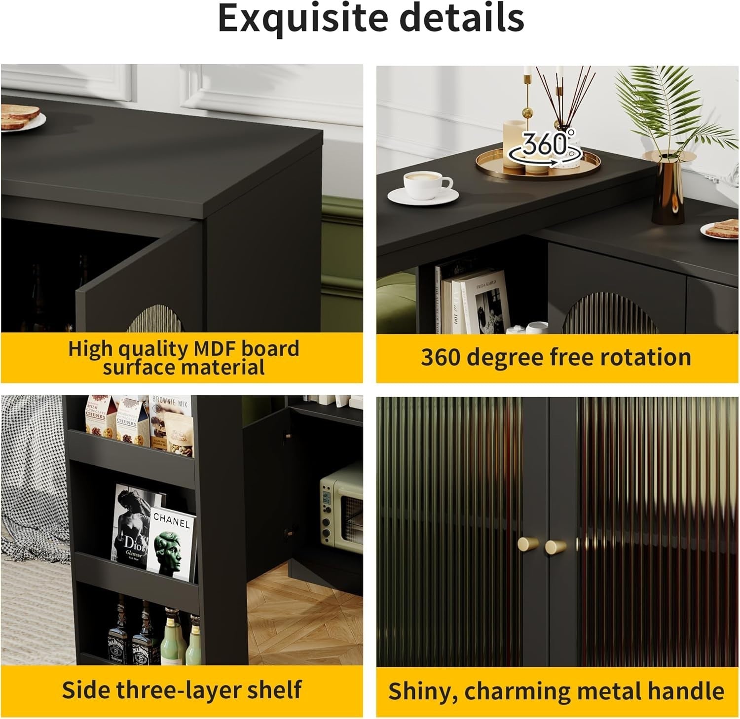 Mobile Kitchen Island with 360° Rotation, Glass Doors & Storage Cabinet, Black