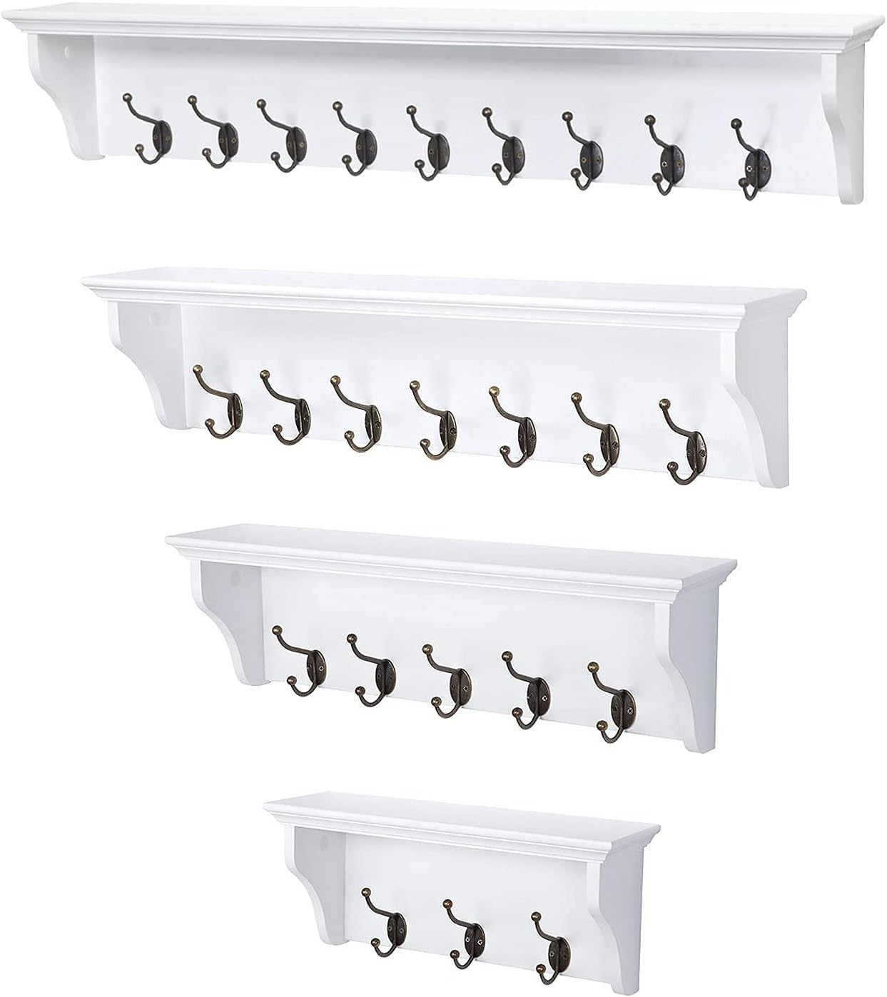 White Wooden Wall Coat Rack with Shelf & 7 Hooks – Hallway Bathroom Organizer