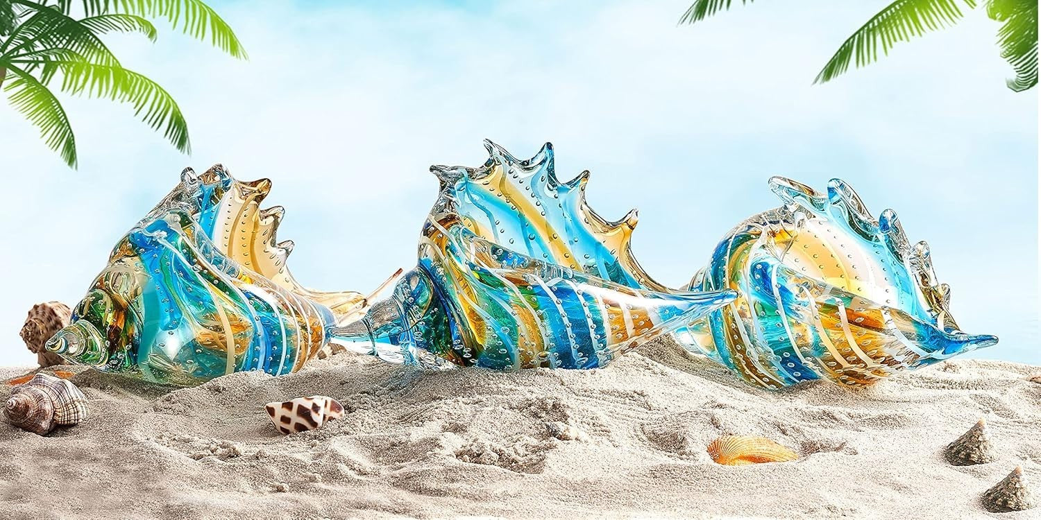 Hand Blown Glass Conch Figurine • Colourful Seashell Ornament
