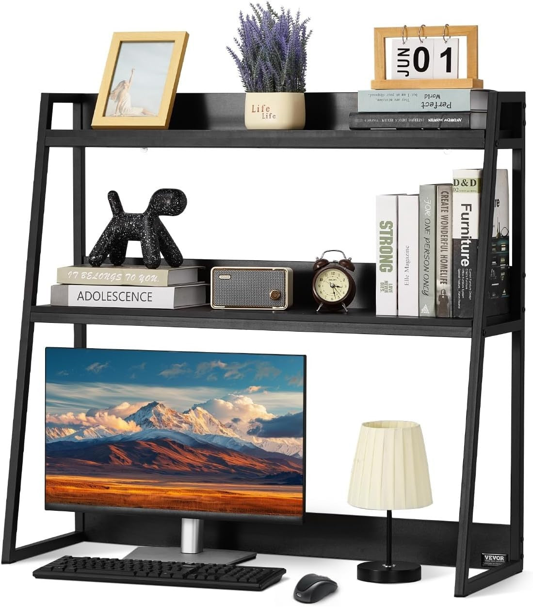 Black 2-Tier Desktop Bookshelf 95cm Desk Hutch Organiser for 32" Monitor