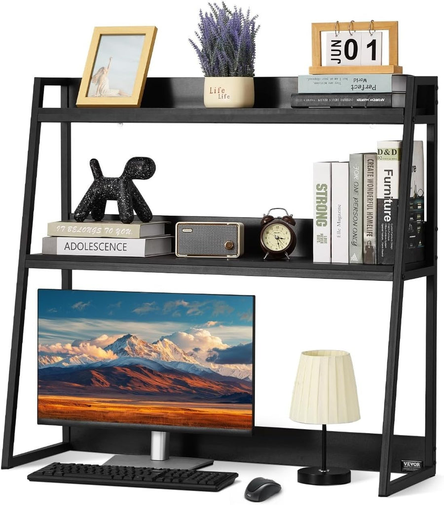 Black 2-Tier Desktop Bookshelf 95cm Desk Hutch Organiser for 32" Monitor