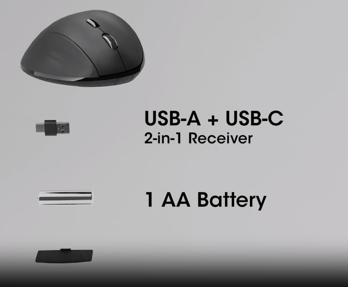 Ergonomic Wireless Mouse USB-C & USB-A Receiver 1600 DPI Black