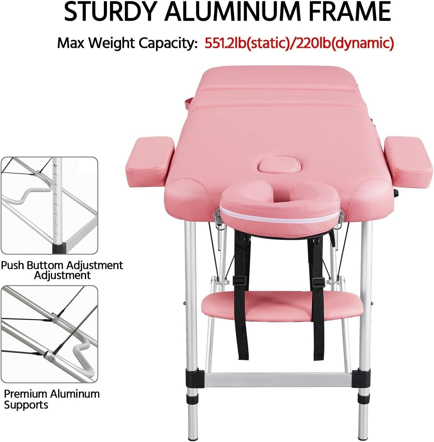 60cm 3-Section Portable Massage Table | Foldable Pink Lash Beauty Bed Aluminium