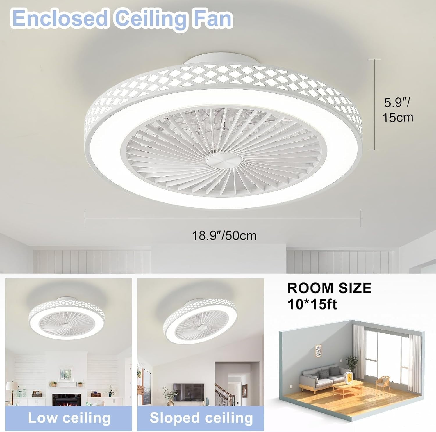 50W Ceiling Fan Light, 3 Speeds, Dimmable LED, Remote Control
