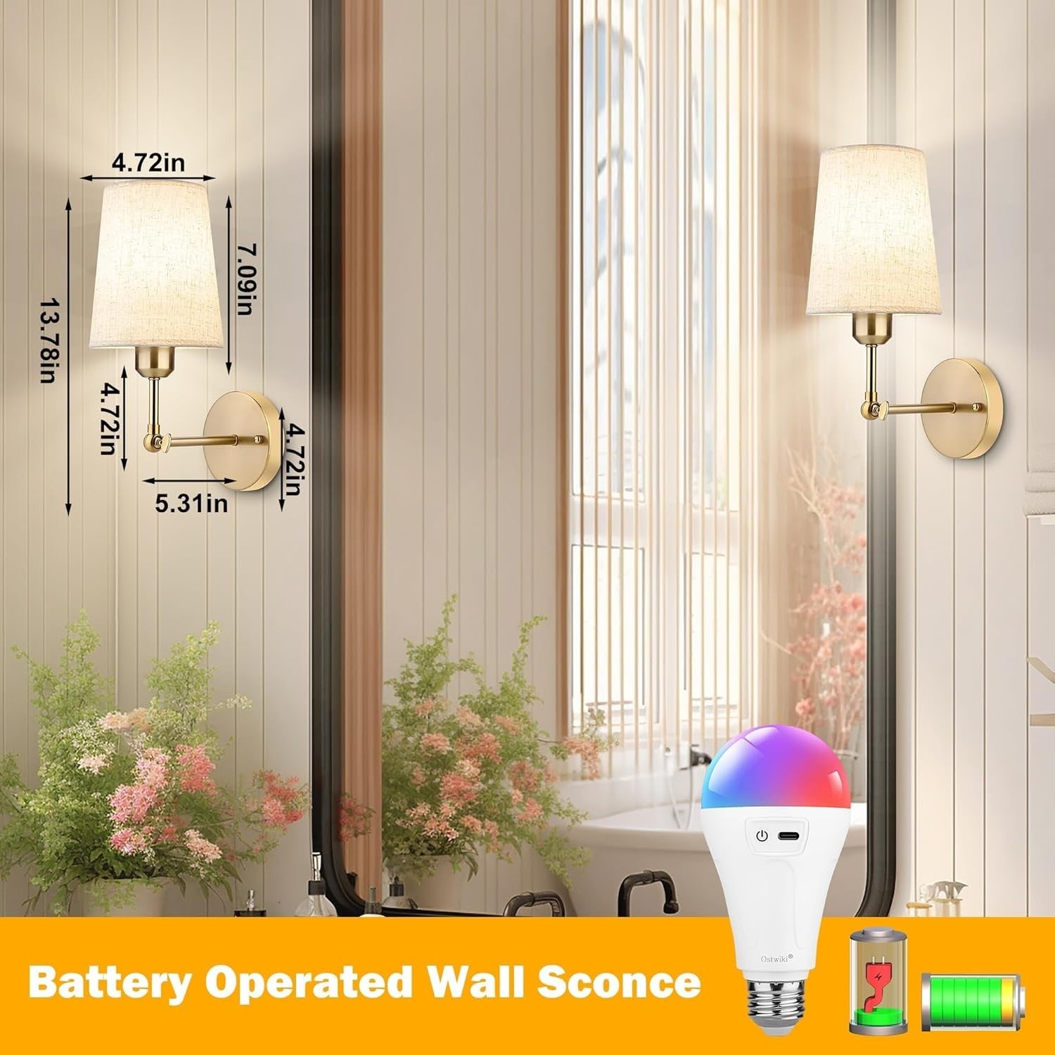 Set of 2 Wall Sconce Lights Rechargeable RGB Remote Battery Operated 270°