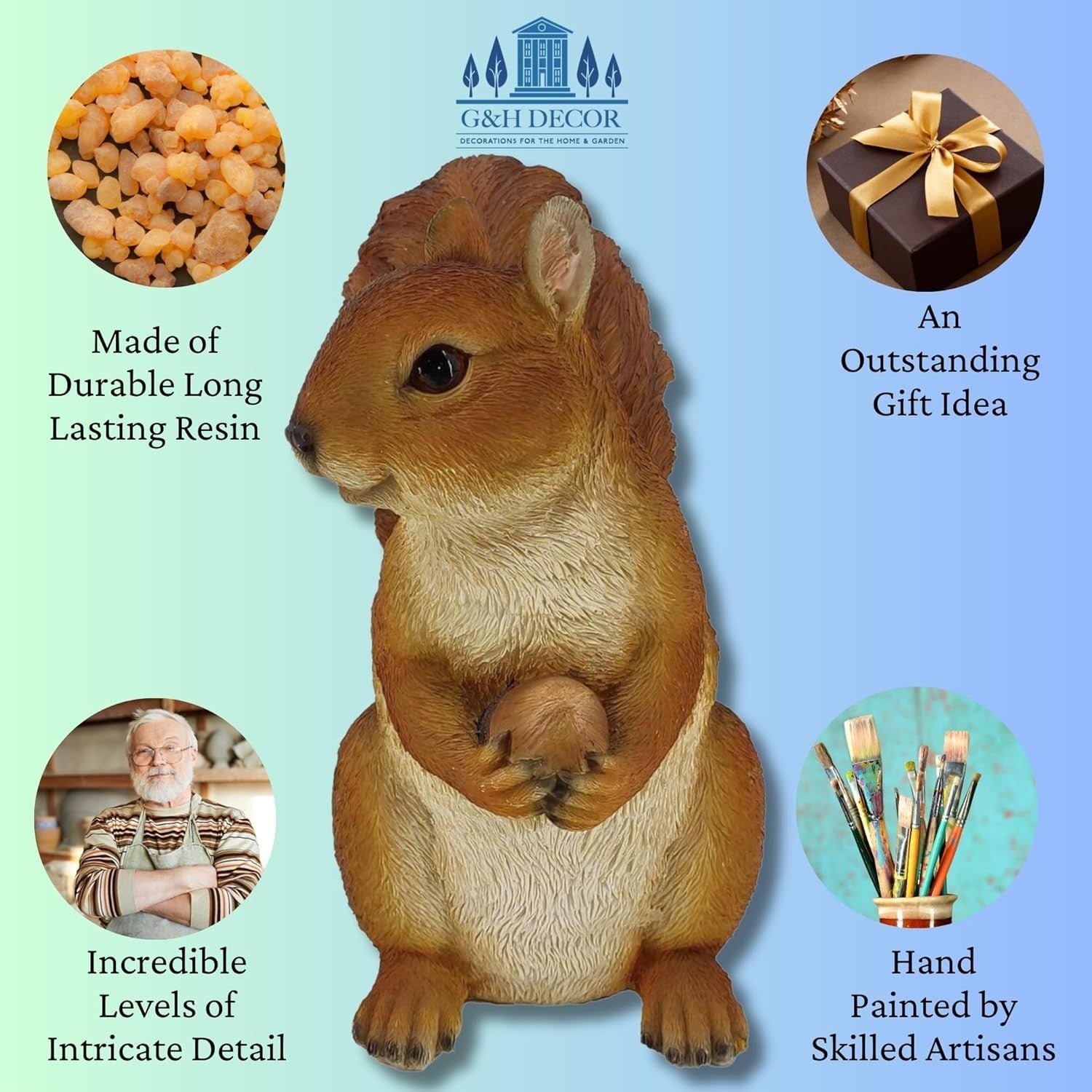 Realistic Squirrel Garden Ornament 27cm • Weatherproof Resin • Decor