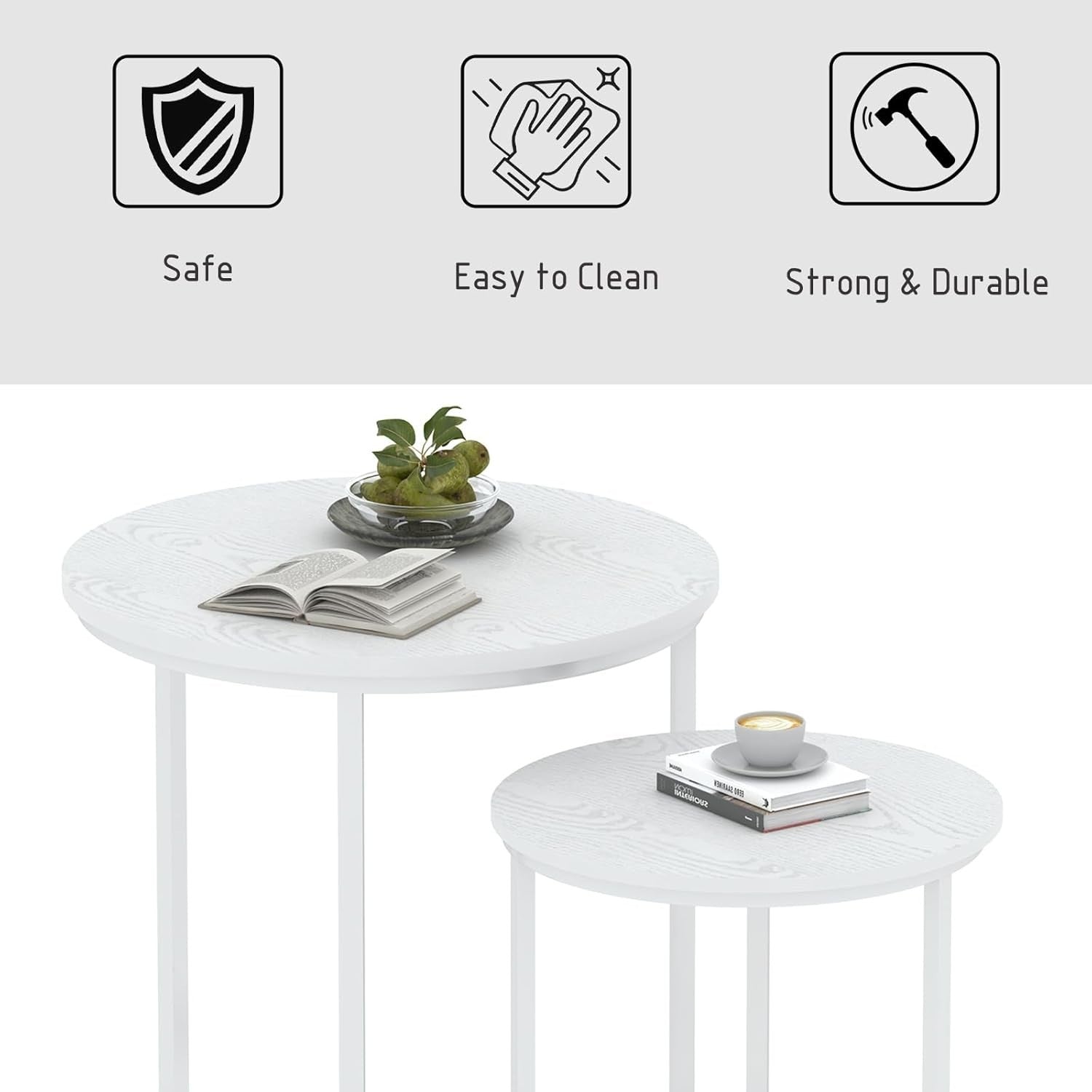 Nesting Coffee Tables Set of 2 Round White Marble Top Metal Frame Living Room
