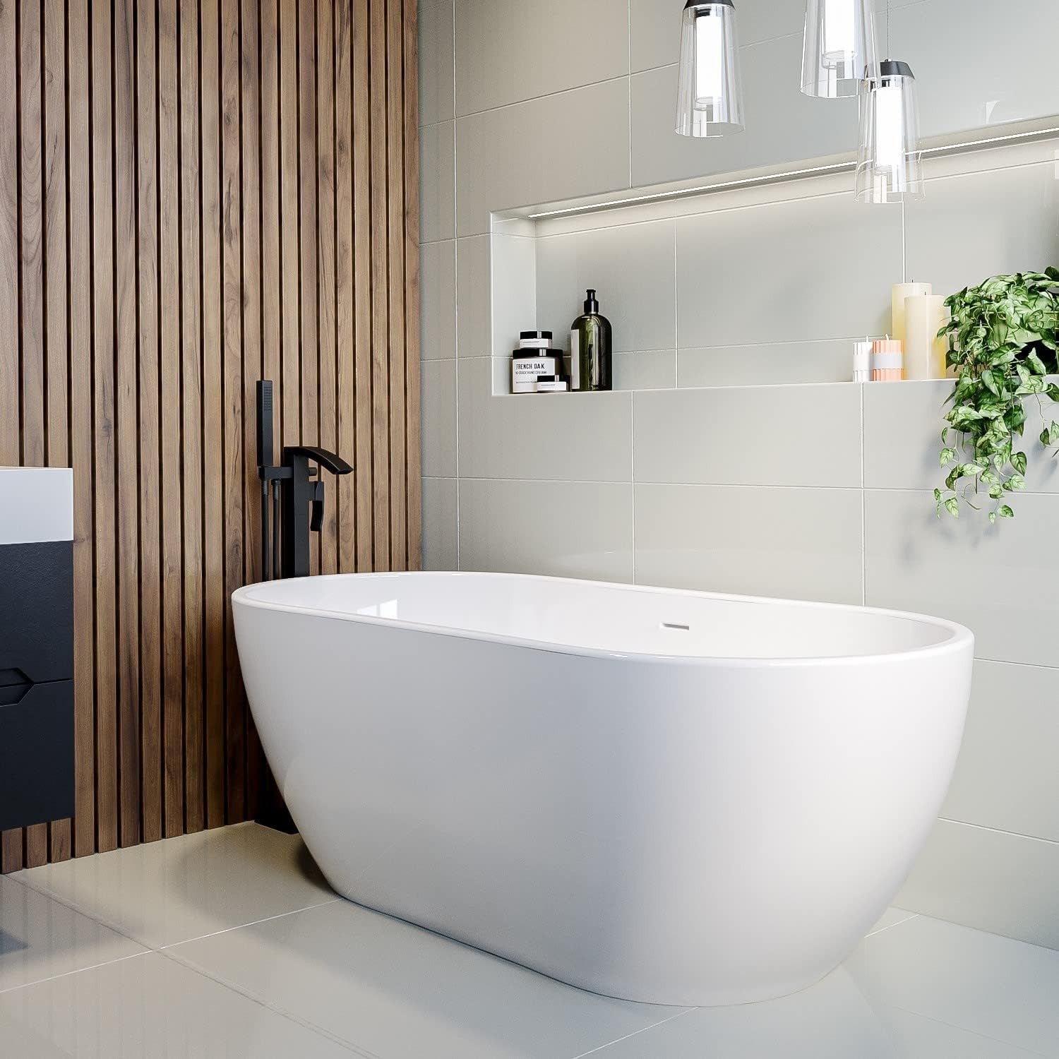 1650x750mm Freestanding Double Ended Bath White Acrylic Oval Modern