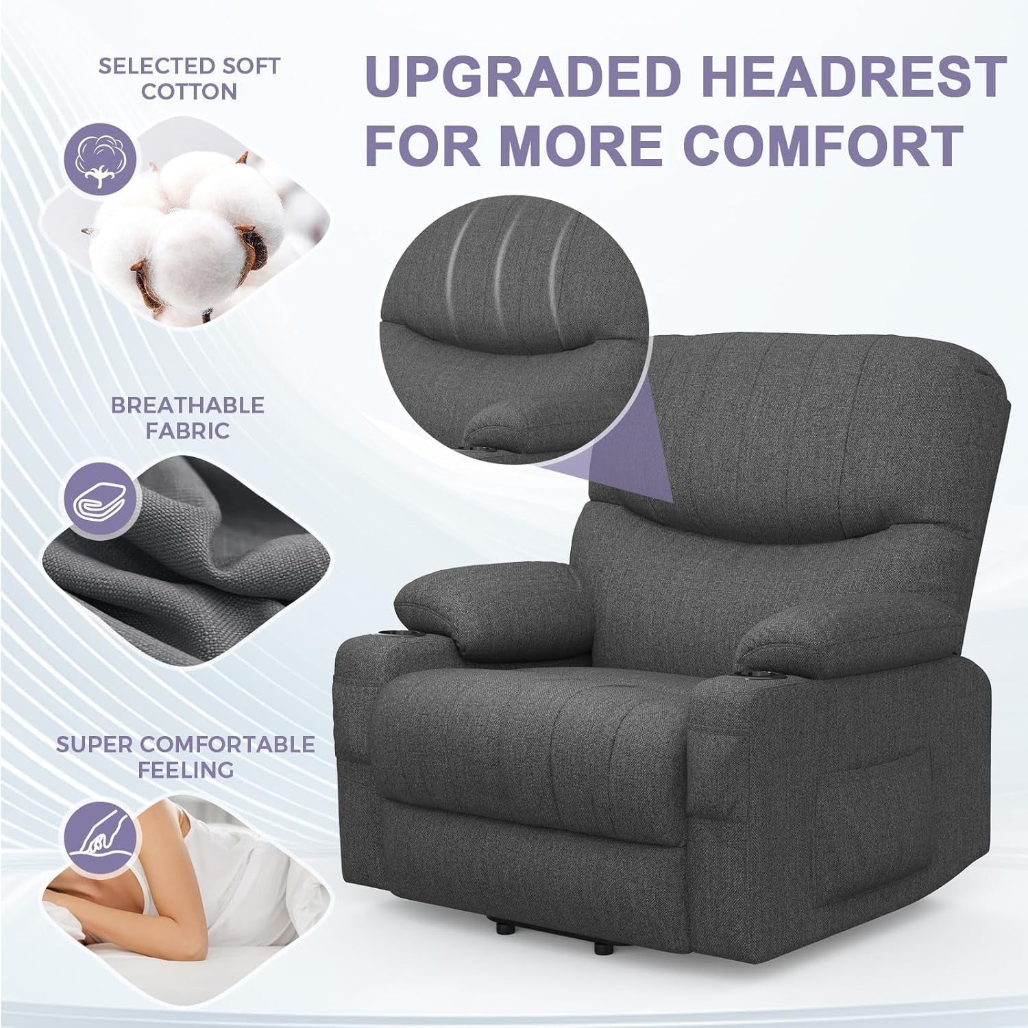 Electric Lift Recliner Chair Massage Heat Oversized w/ Footrest USB Type-C Grey
