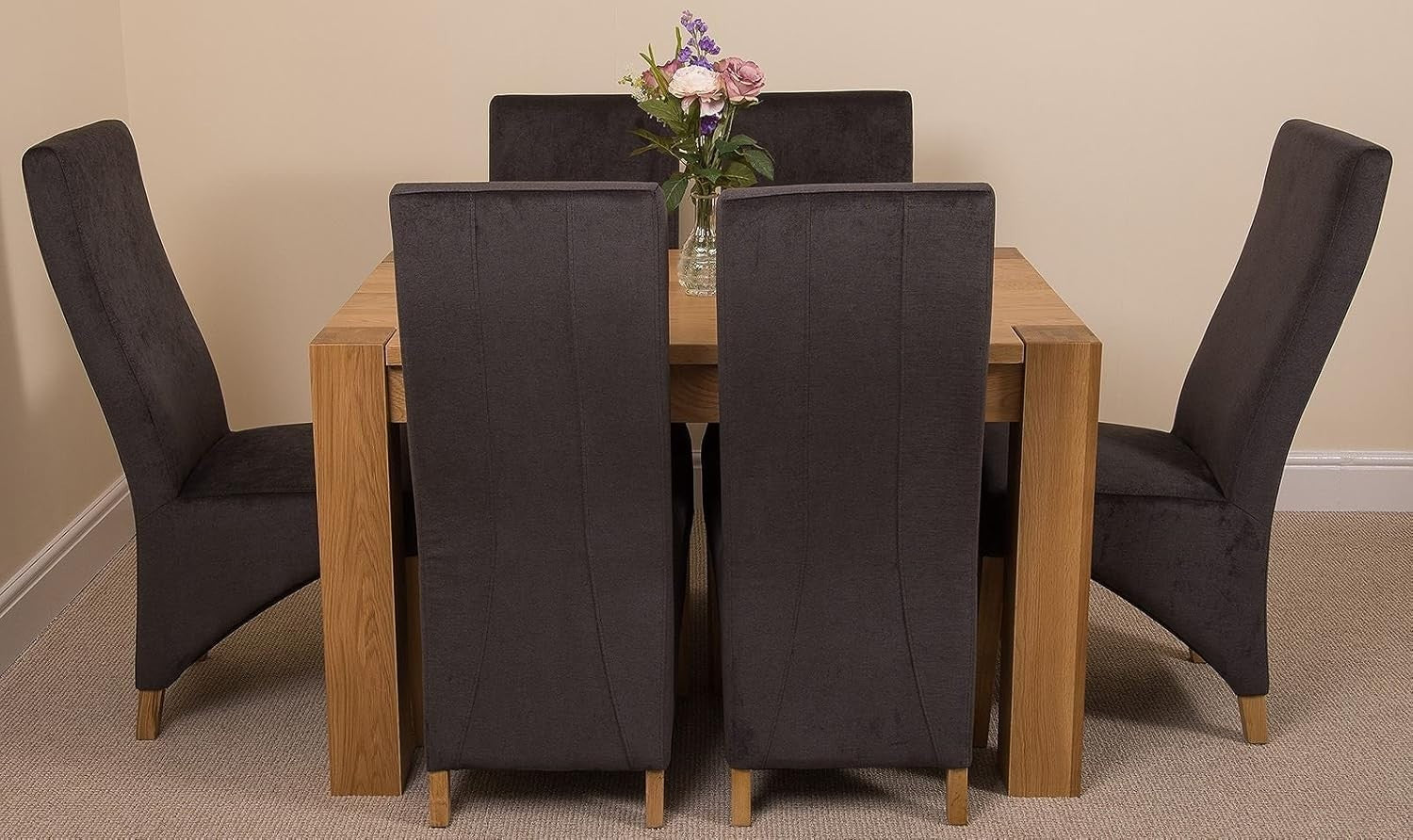 6 Seater Oak Dining Table & Chairs Set Dark Grey Fabric 125x80cm Modern