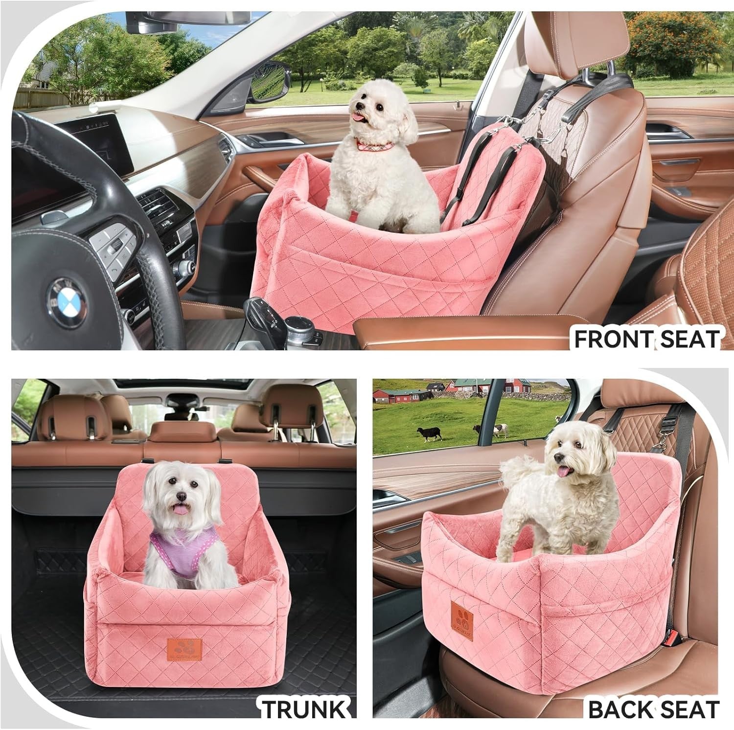 Memory Foam Dog Car Booster Seat Washable Travel Bed 2 Safety Belts