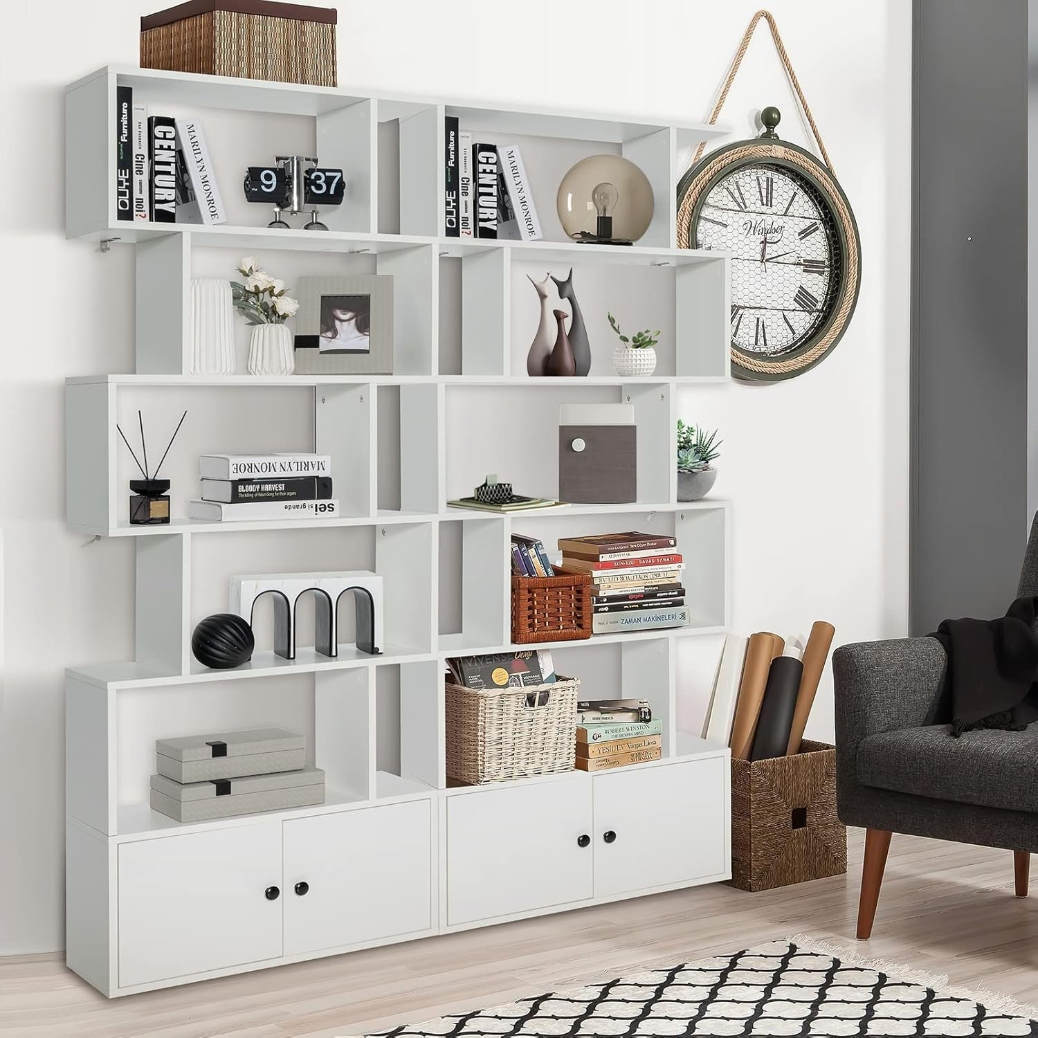 White S-Shaped 6 Tier Bookcase Tall Freestanding Storage Shelf with Cabinet