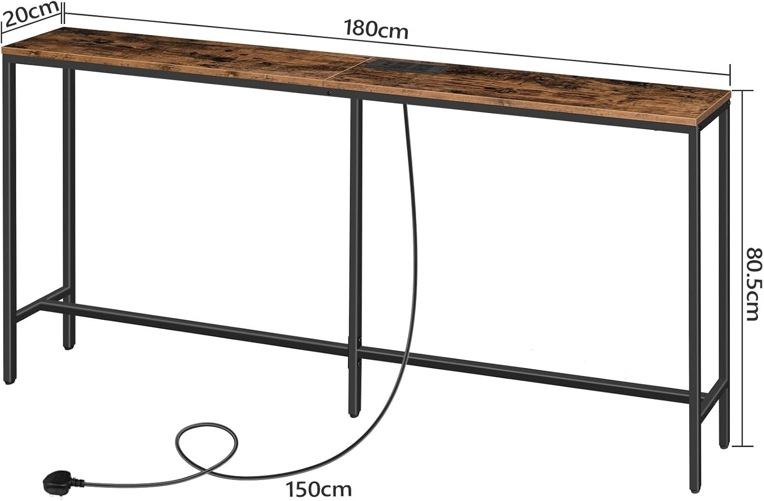 Narrow Sofa Console Table with USB & Power Strip, Rustic Wood, 180cm