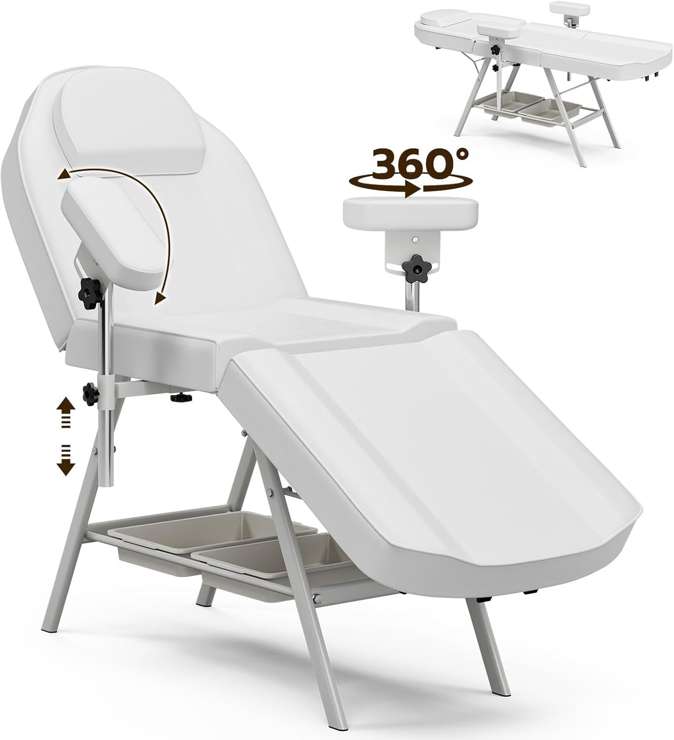Adjustable 3-Section Salon Beauty Tattoo Bed Rotating Armrests Esthetician