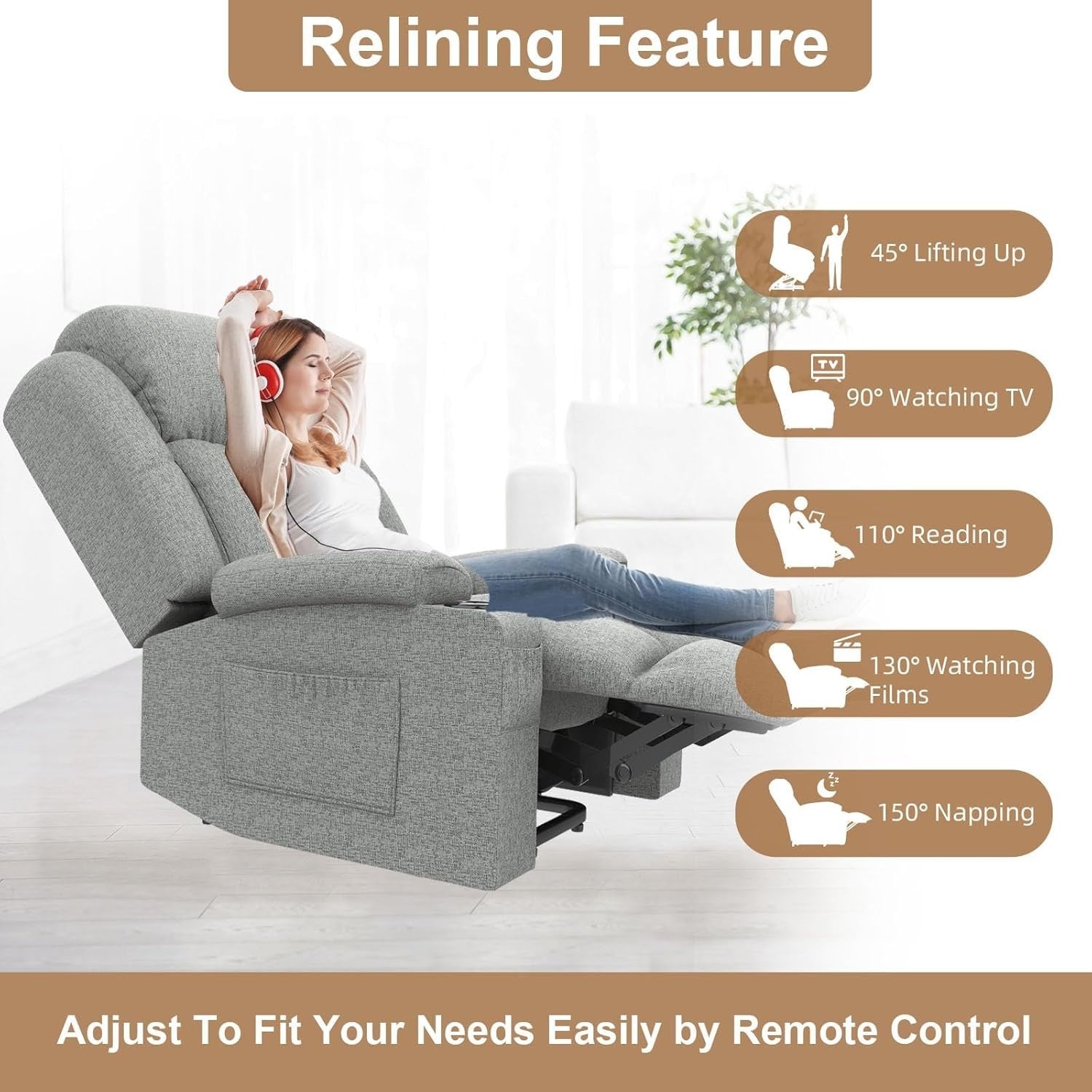 Power Lift Recliner Chair Massage Heat USB Ports Cup Holders Fabric Light Grey