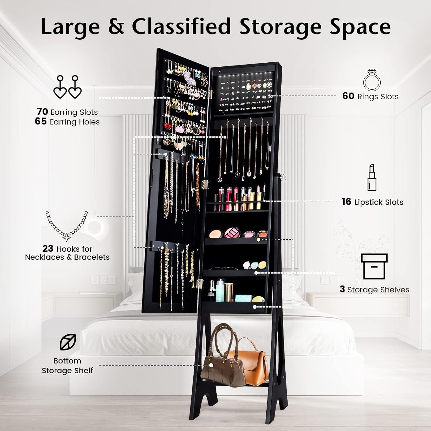 Black Standing Jewelry Armoire Lockable LED Mirror Adjustable Storage