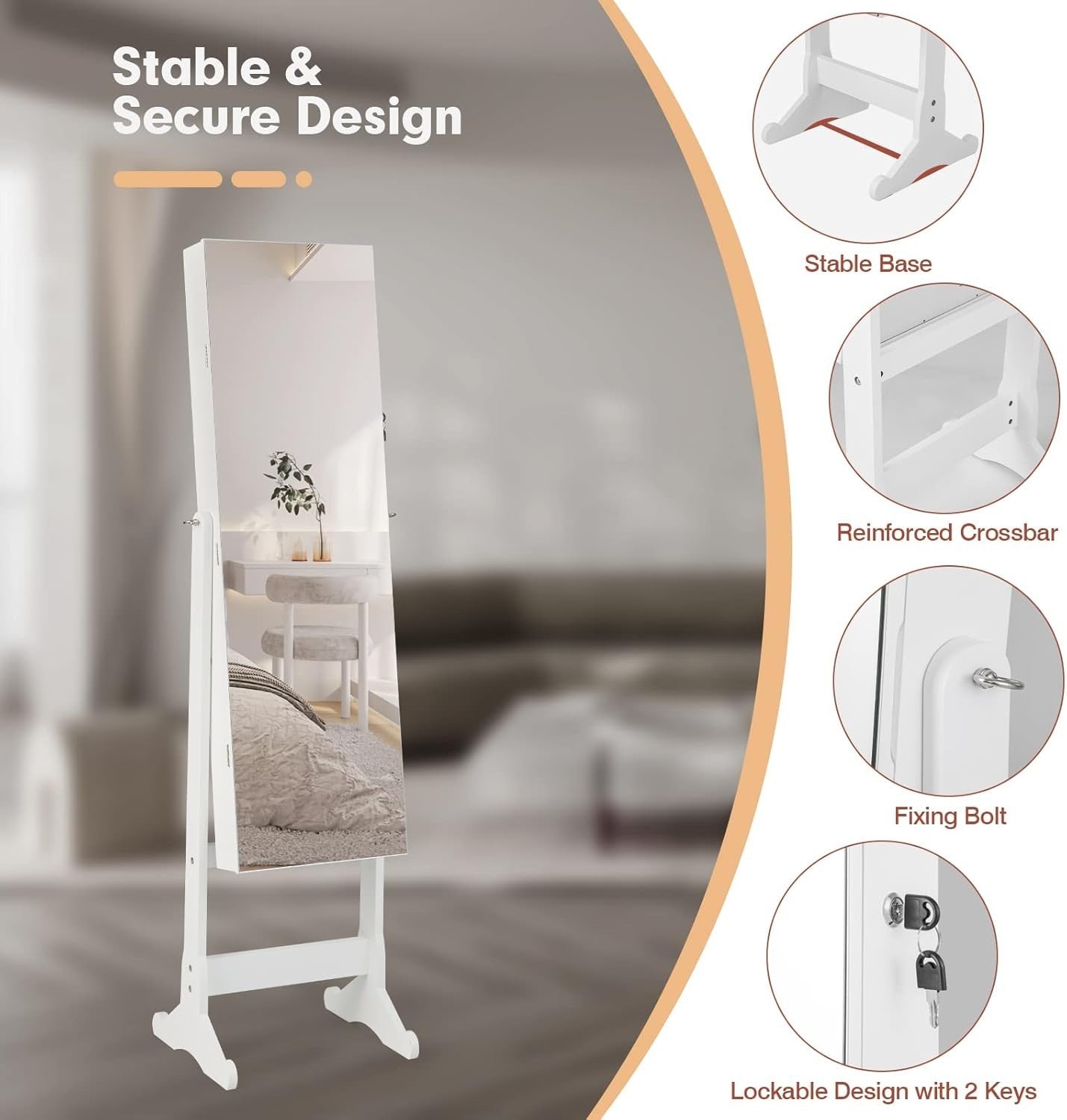 White Standing Jewelry Armoire Mirror LED Lights Lockable Adjustable Storage