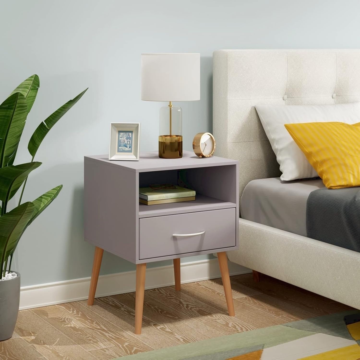 Set of 2 Grey Wood Bedside Tables with Drawer & Shelf – Modern Nightstands