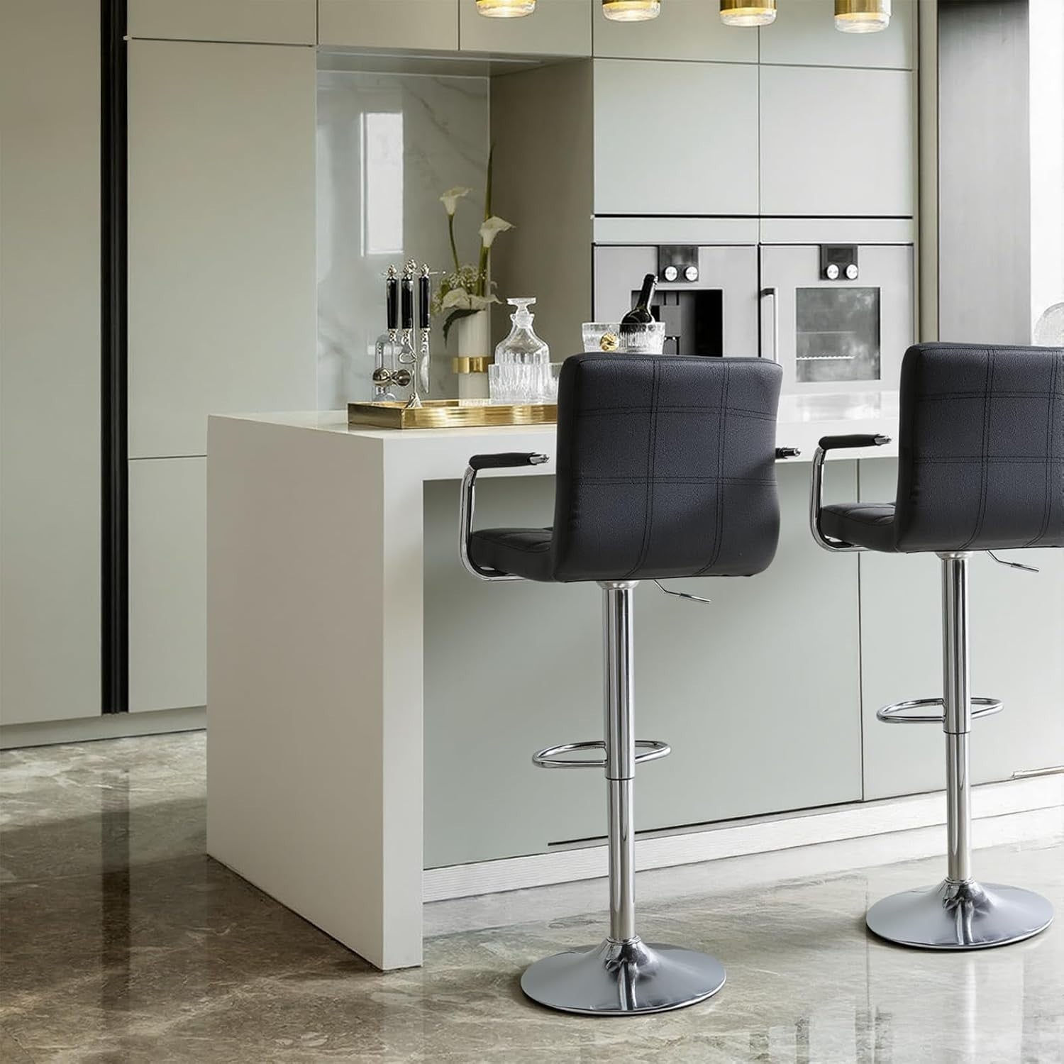 Black PU Leather Bar Stool Adjustable Height 360° Swivel with Armrest