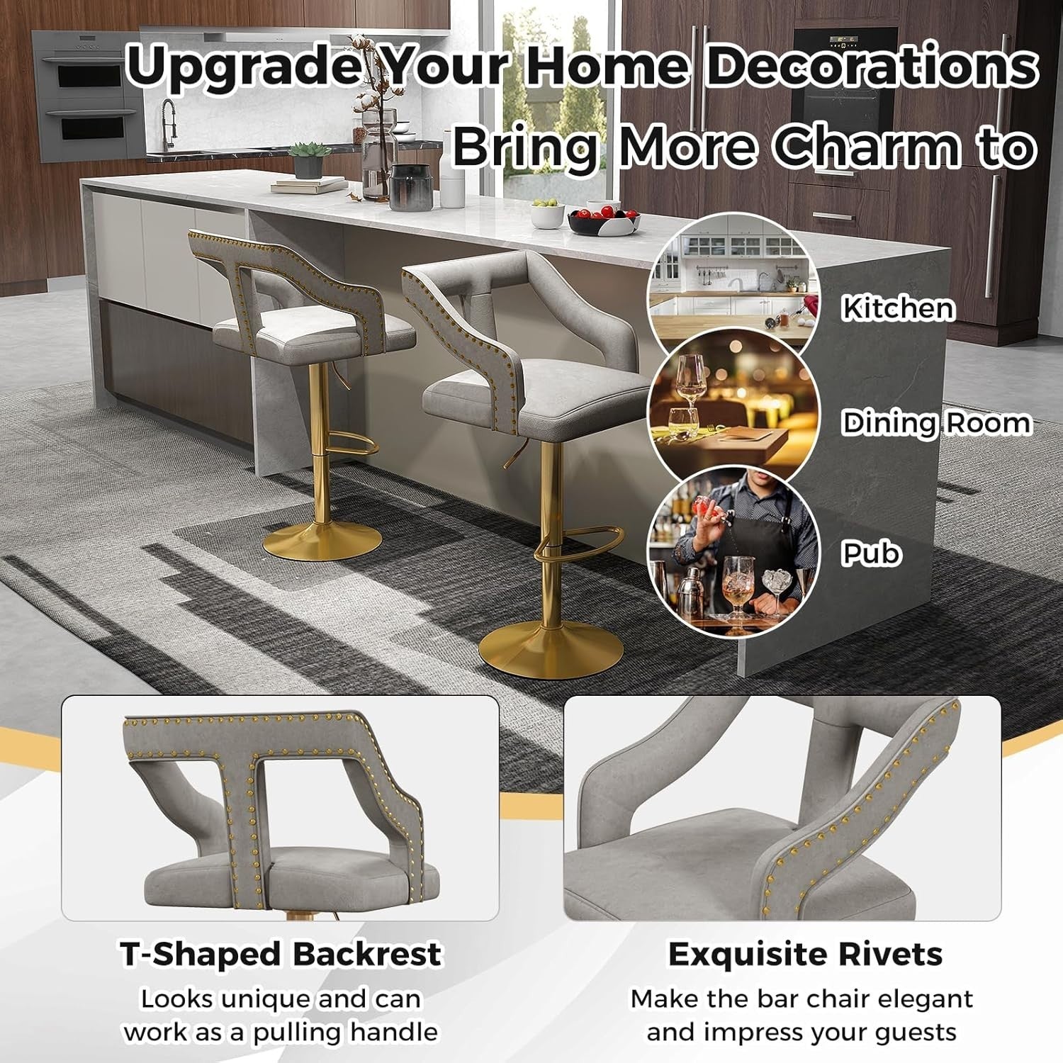 Luxury Velvet Bar Stools Set of 2 – Adjustable Swivel Counter Chairs