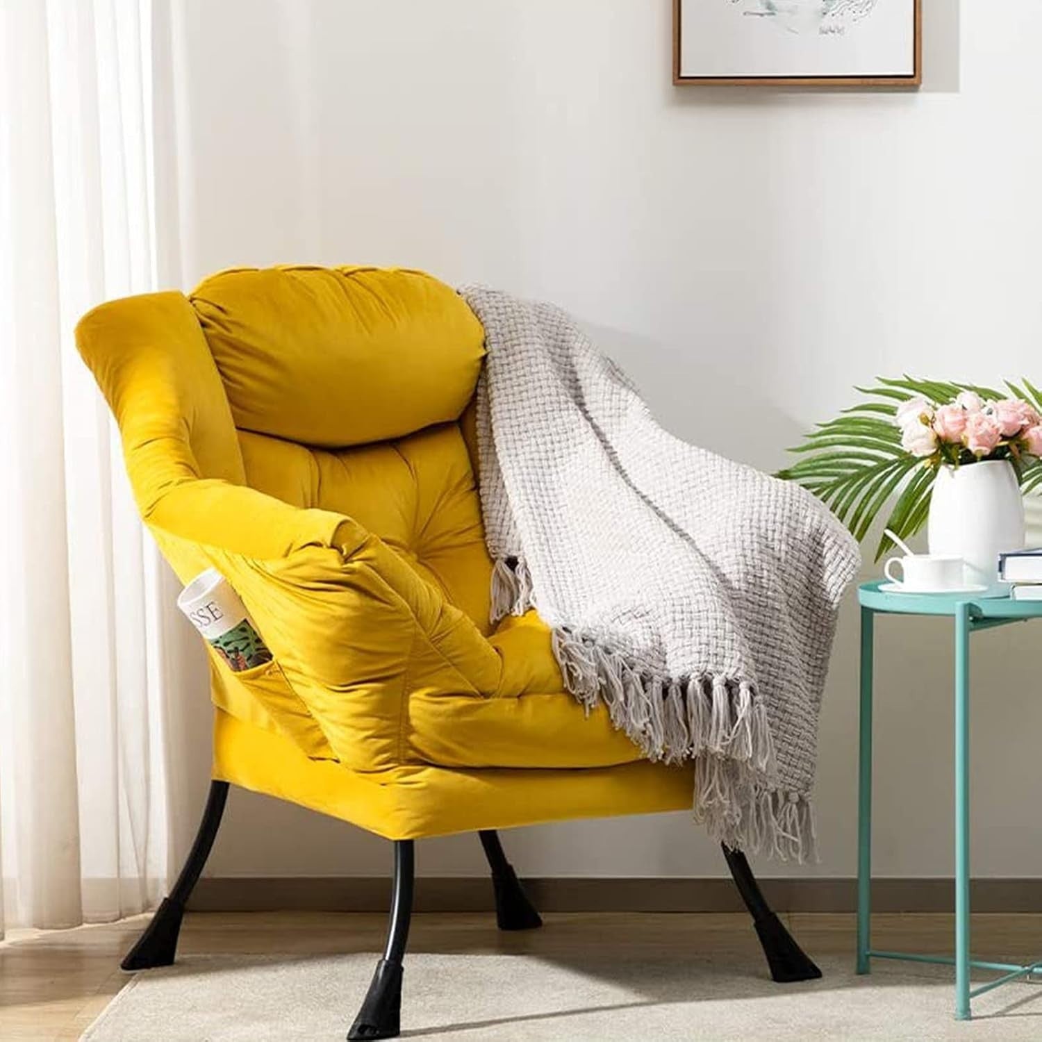 Velvet Accent Armchair with Steel Frame | Comfy Reading & Relax Chair Yellow